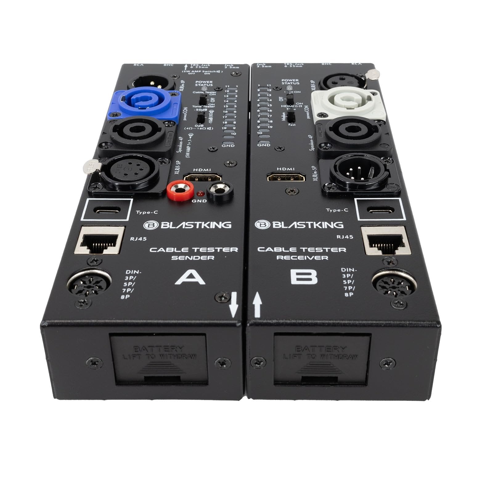 Blastking CTAB Cable Tester A/B – Universal Detachable Cable Tester for XLR, 1/4”, RCA, Speakon, USB, HDMI, BNC, RJ45 & More – Portable Audio/Video/Network Cable Checker