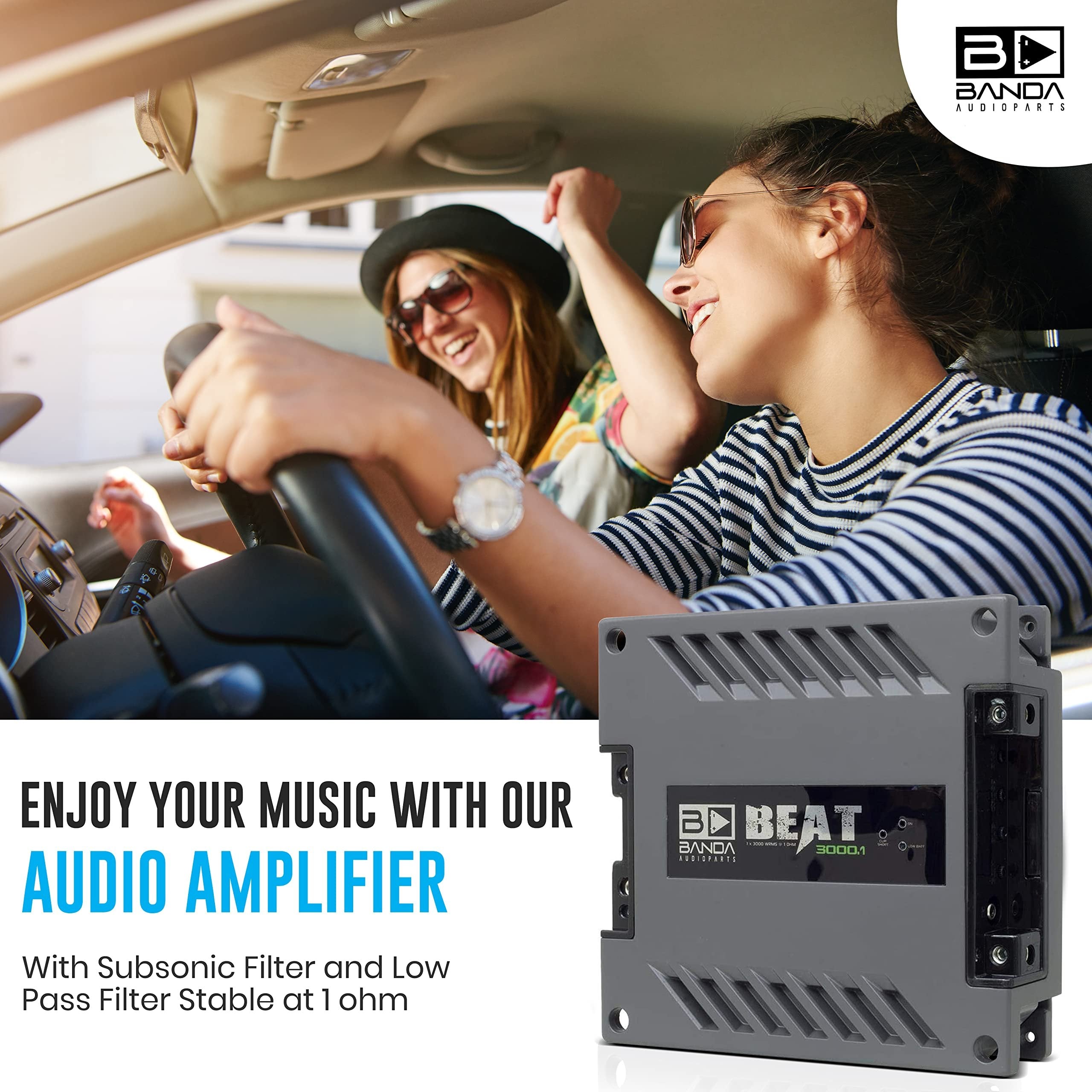 Banda 1-Channel Vehicle Audio Amplifier - 3000 Watts High-Powered Mono Bass Amplifier w/Subsonic Filter and Low Pass Filter Stable at 1 ohm, LED Indicators, Sound Specialization - BANDA BEAT3001
