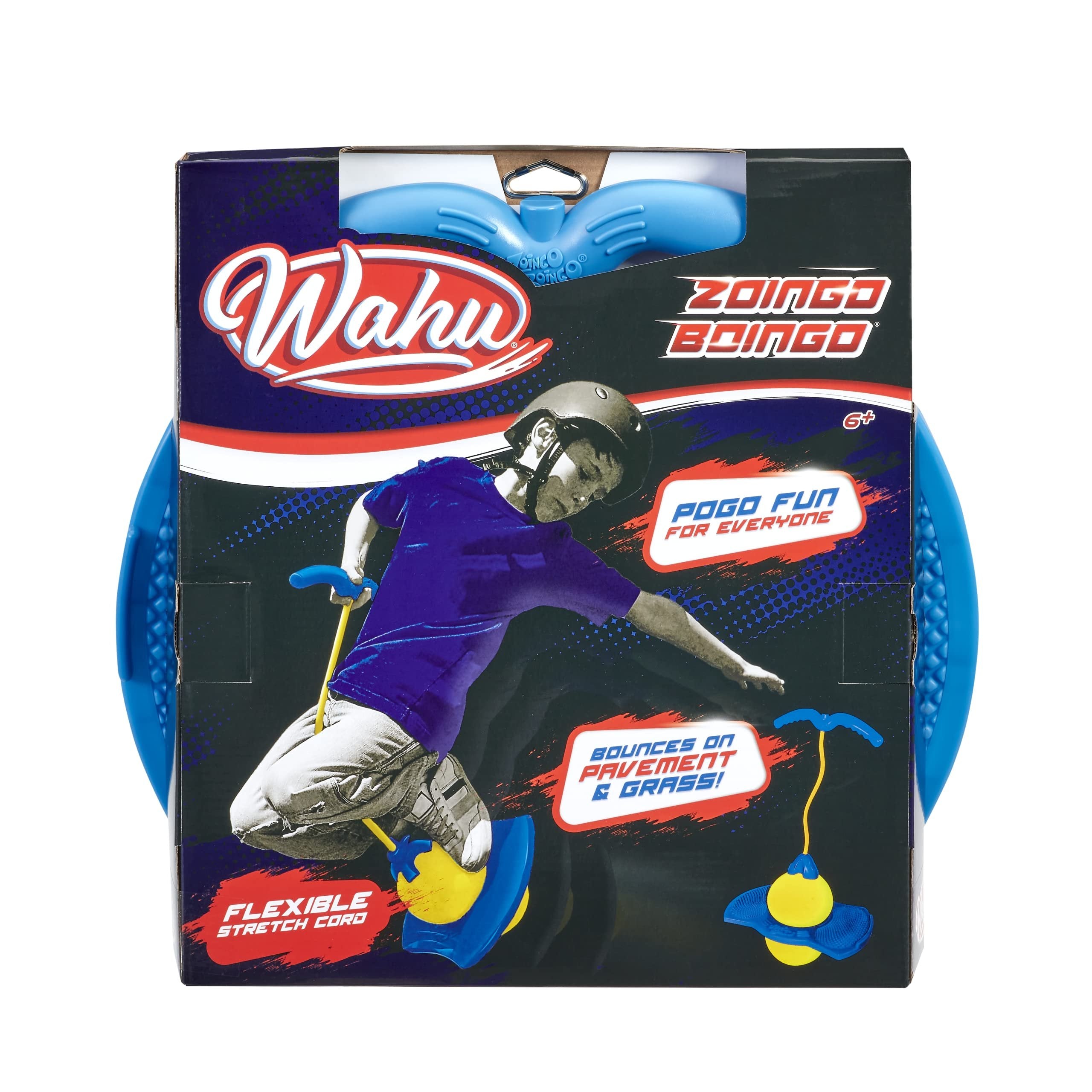 Wahu Zoingo Boingo Freestyle Pogo Ball with Handle and Footpad, Flexible Pogo Jumper for Kids Ages 6+, Bounces on Pavement and Grass, Blue/Yellow