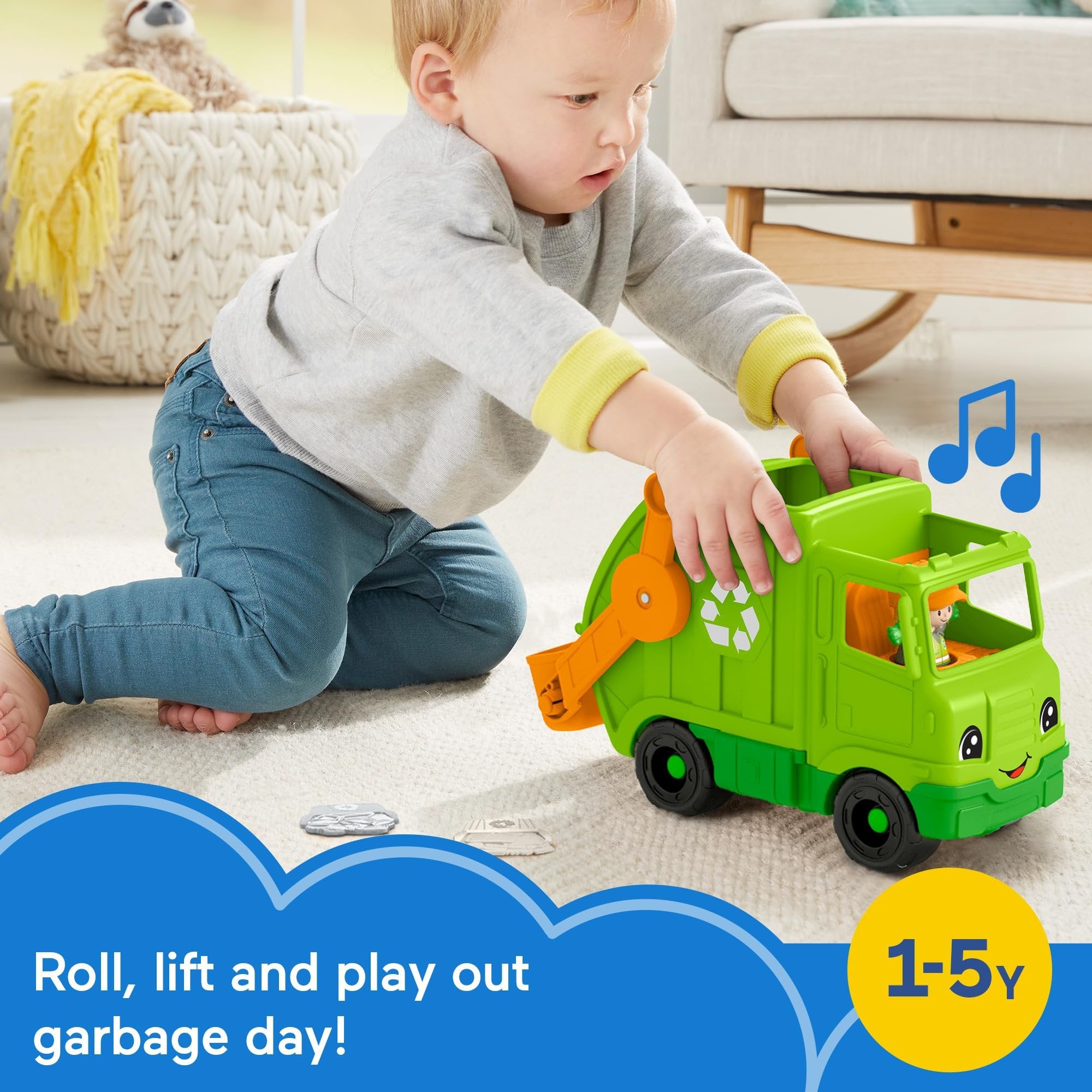 Fisher-Price Little People Musical Toddler Toy Recycling Truck Garbage Vehicle with Figure for Pretend Play Ages 1+ Years
