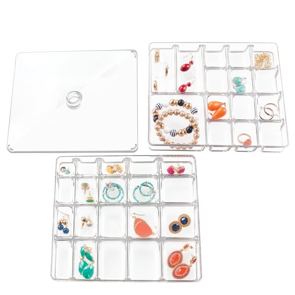 iDesign Linus Plastic BPA-Free Fashion Jewelry Vanity and Drawer Organizer, Tray for Rings, Earrings, Bracelets, Necklaces, 8.75" x 7.75" x 2.75", Set of 3, Clear