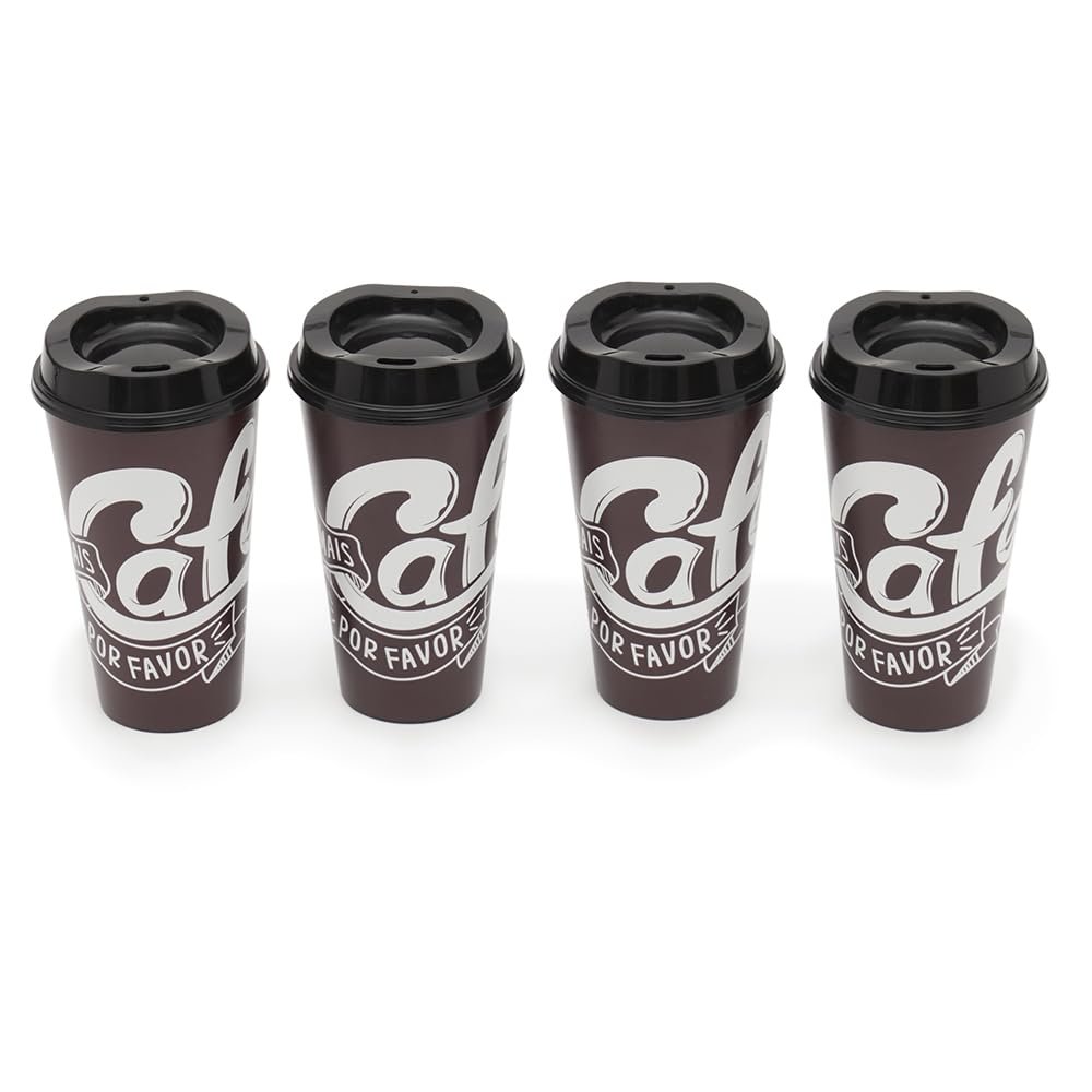 Home Basics 16 oz. 4-Pack of Reusable Plastic Coffee Cups with Lids, Brown