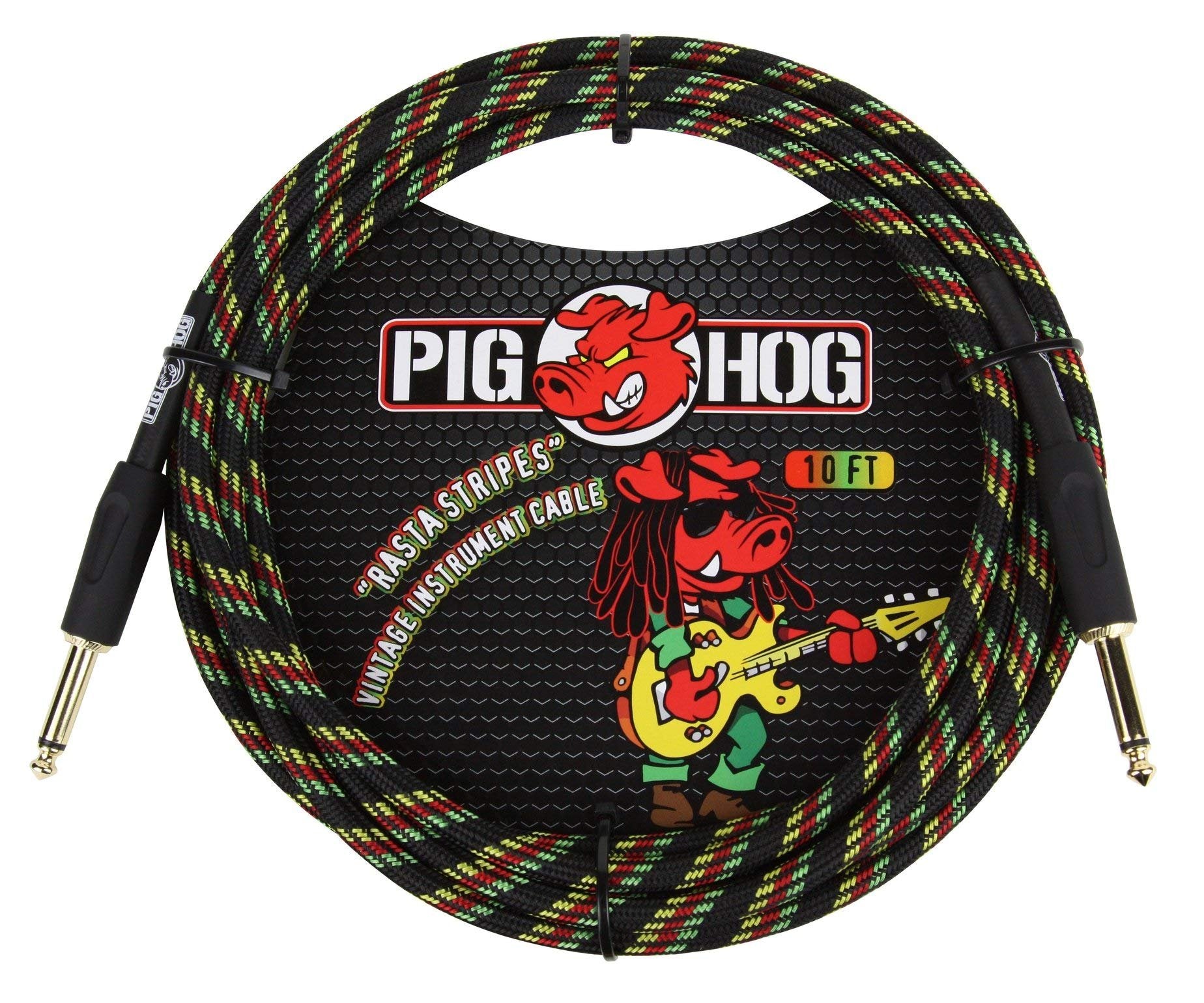 Pig Hog PCH10RA 1/4" to 1/4" Rasta Stripes Guitar Instrument Cable, 10 Feet
