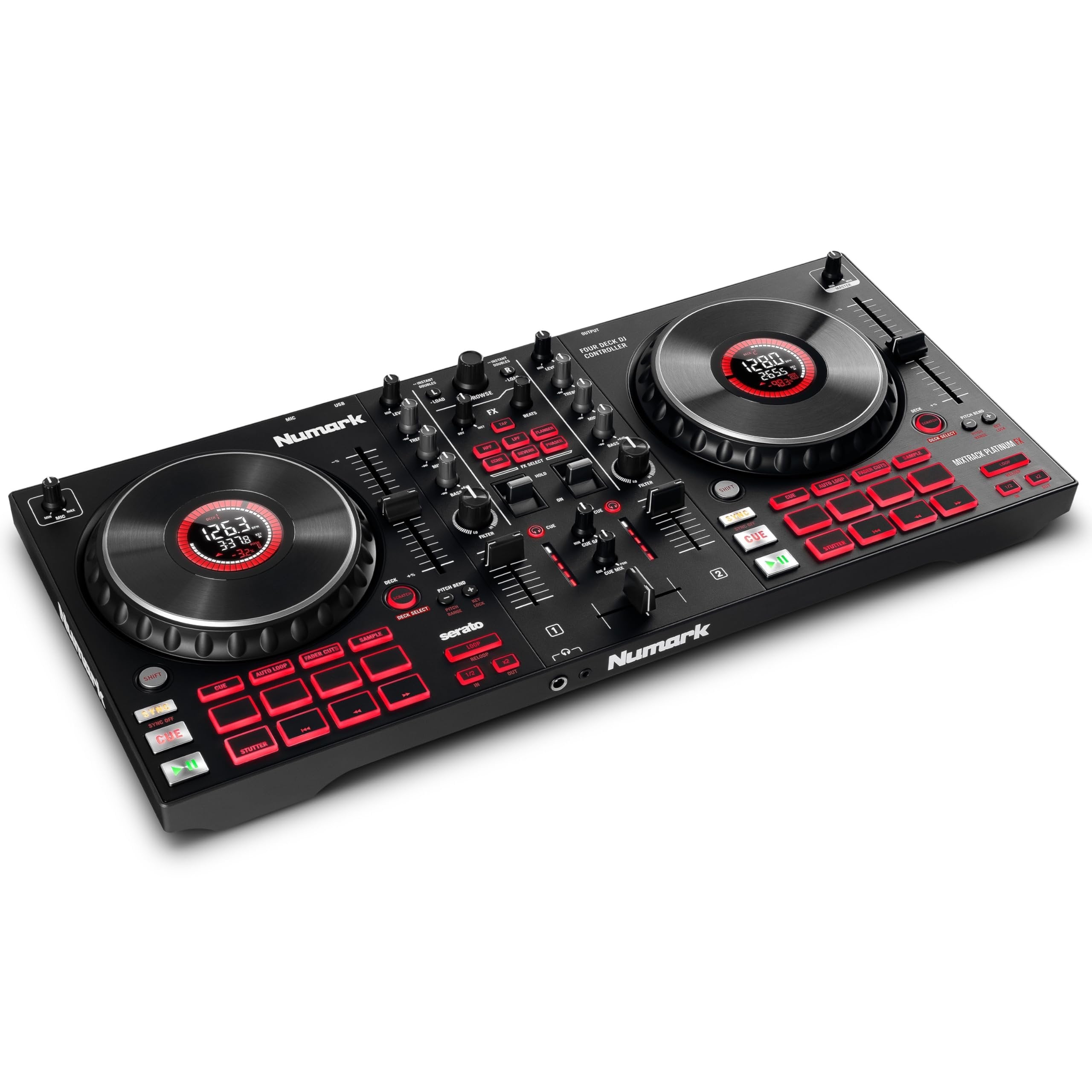 Numark Mixtrack Platinum FX Serato DJ Controller with Jog Wheel Displays, 4 Decks, Mixer, Effects Paddles and (Audio Interface)