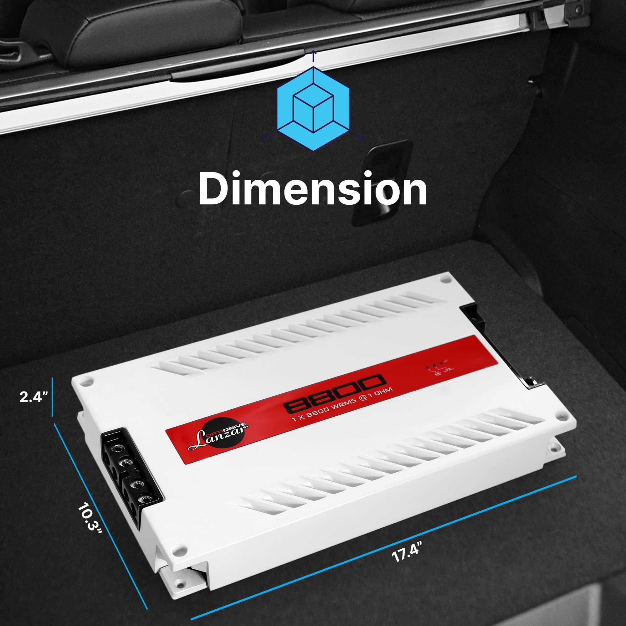 Lanzar One Channel Car Audio Mono Amplifier, 11000 Watt Max @ 1 Ohm High-Powered Mono Car Amplifier with Subsonic Filter and Low Pass Filter, Cooling Fans, White