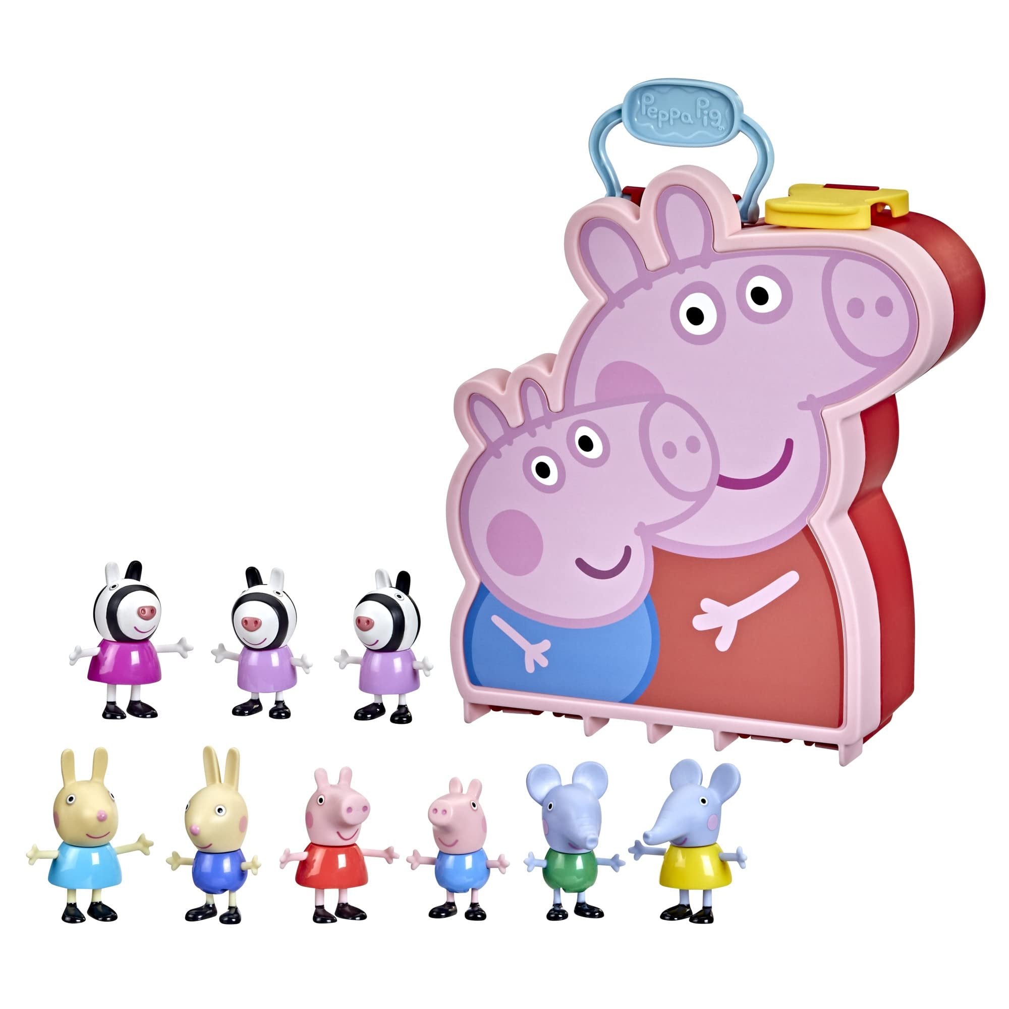 Peppa Pig Peppa's Adventures Peppa Briefcase, George and Their Friends, Preschool Toy, 9 Figures with Zebra Sisters