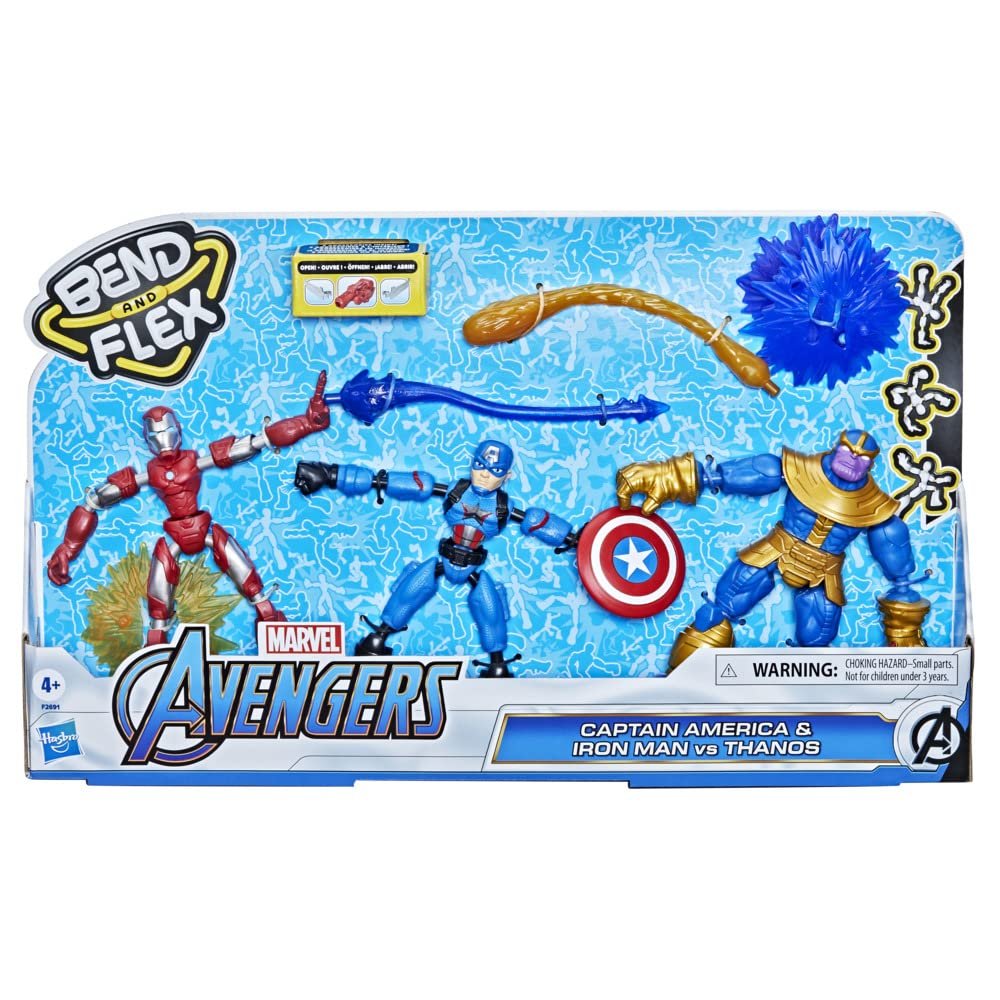 Hasbro Marvel Avengers Bend and Flex, Pack of 3 Flexible Figures with Iron Man, Captain America and Thanos, Includes 9 Accessories