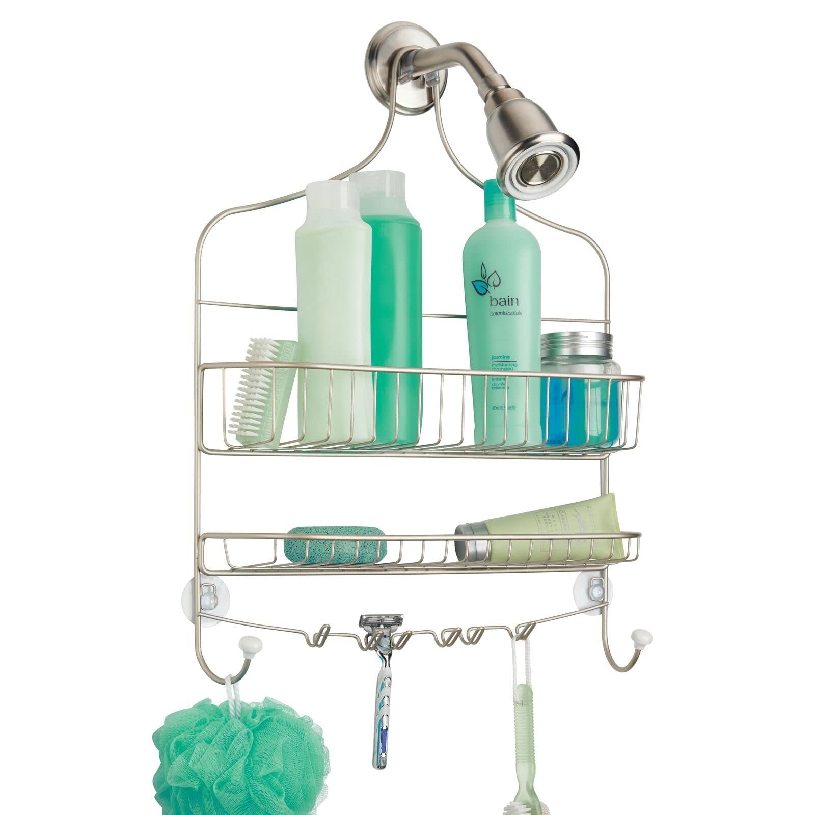 mDesign Extra Wide Metal Wire Bathroom Tub and Shower Caddy, Hanging Storage Organizer Center with Built-in Hooks and Baskets on 2 Levels, Rust Resistant - Satin