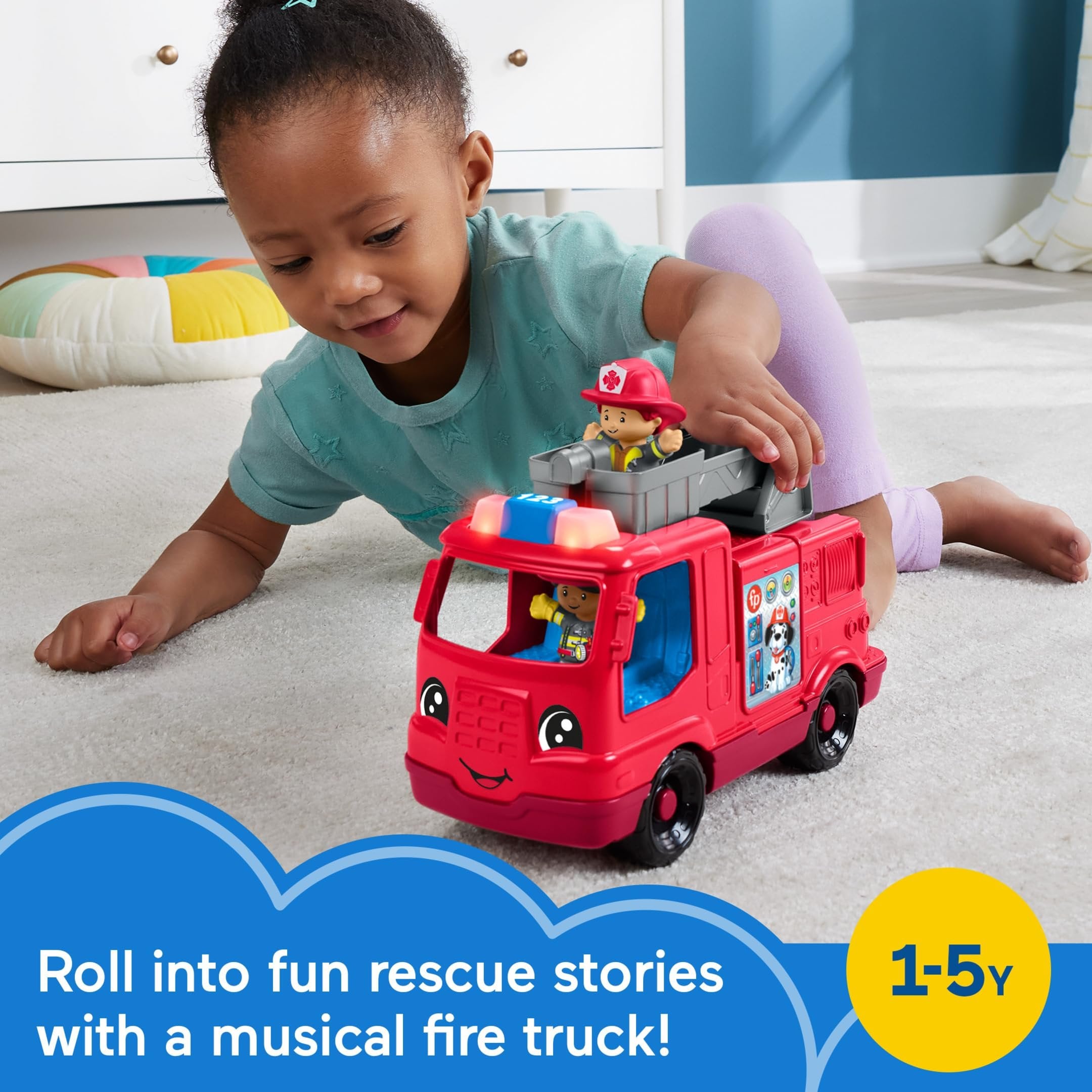 Fisher-Price Little People Toddler Toy Fire Truck Musical Push-Along Vehicle with 2 Figures for Pretend Play Ages 1+ Years