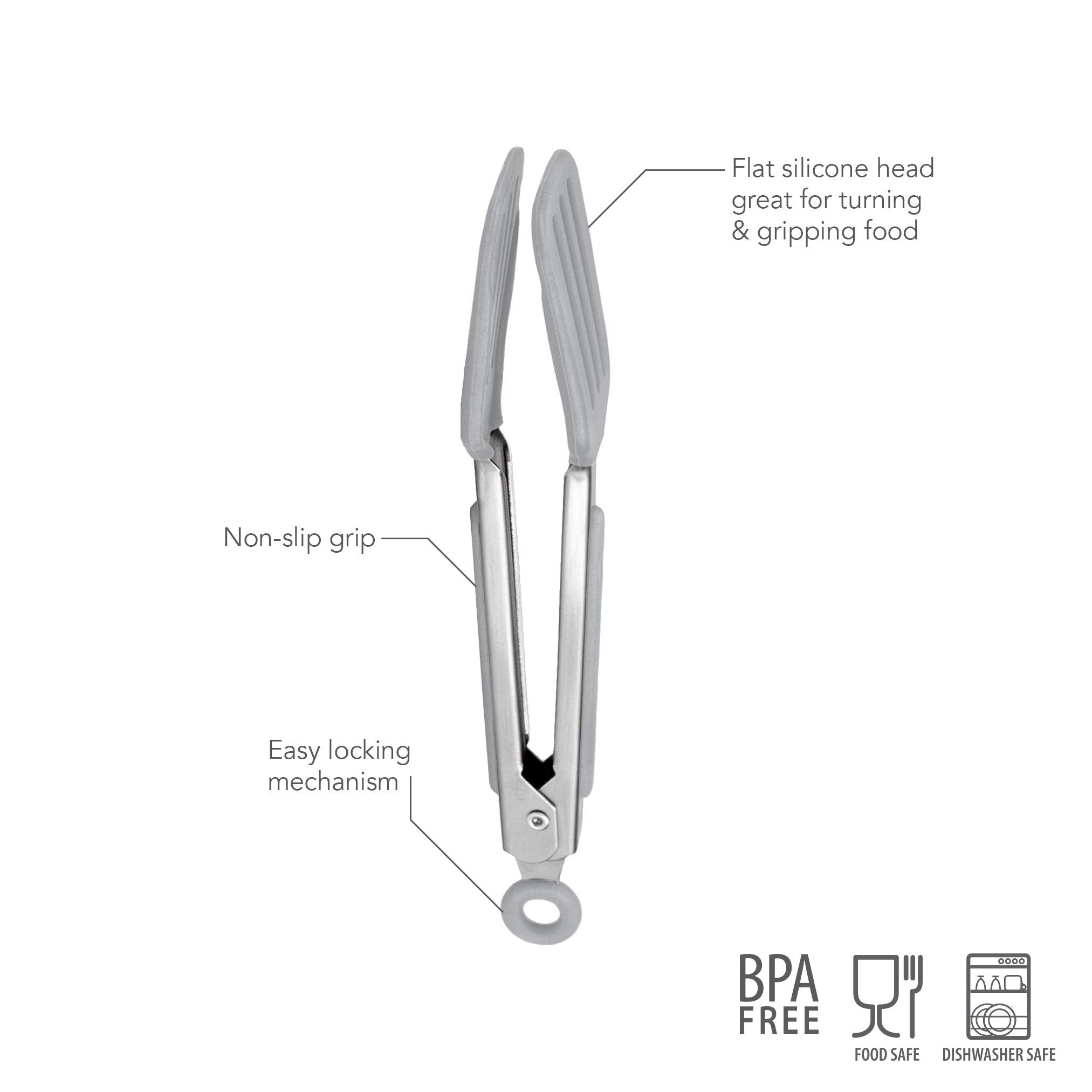 Tovolo Mini Turner Tongs, Flat Head, Easy-Lock Mechanism, Non-Slip Grip, Silicone Tongs for Cooking & Grilling, BPA-Free & Dishwasher Safe Silicone Cooking Utensils, Oyster Gray
