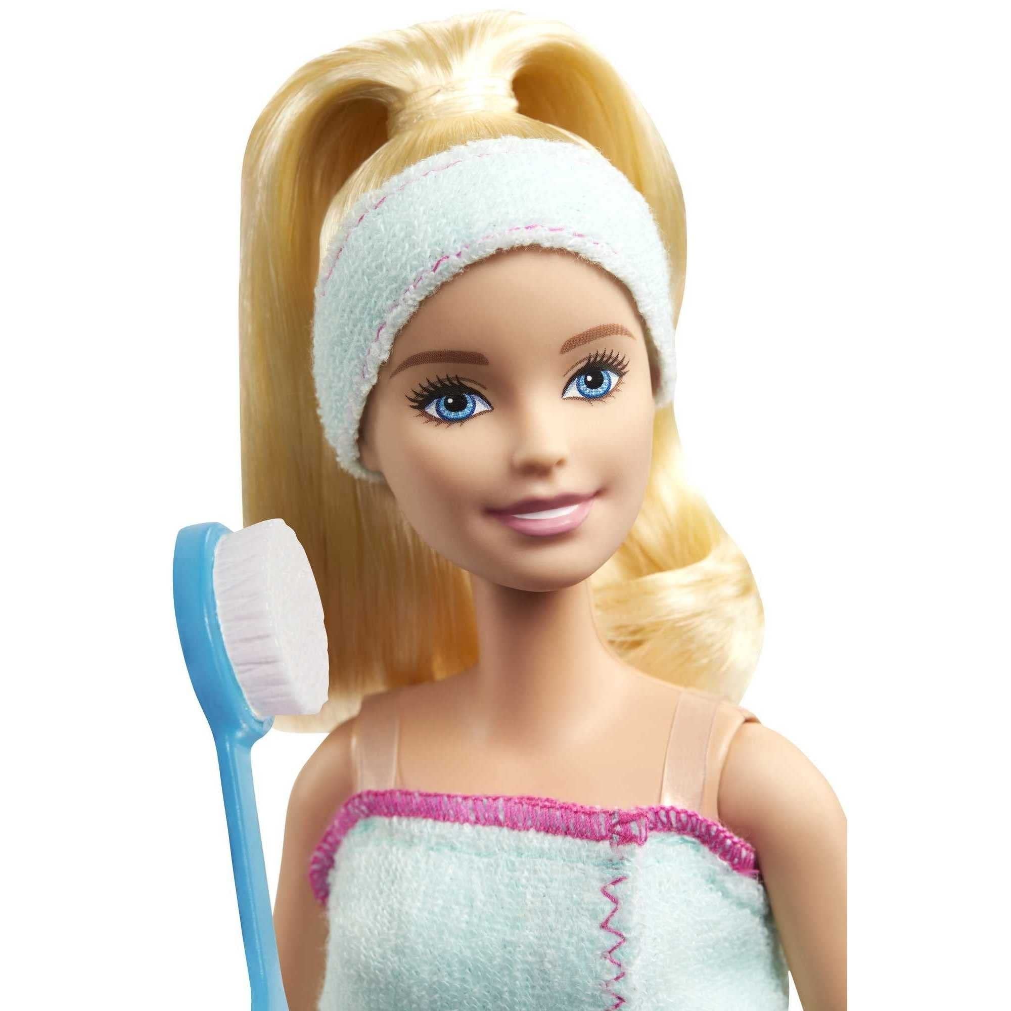 Barbie Spa Doll & Playet with Puppy & 9 Accessories Including Rubber Duck & Cucumber Eye Masks, Blonde Fashion Doll in Wrap Towel