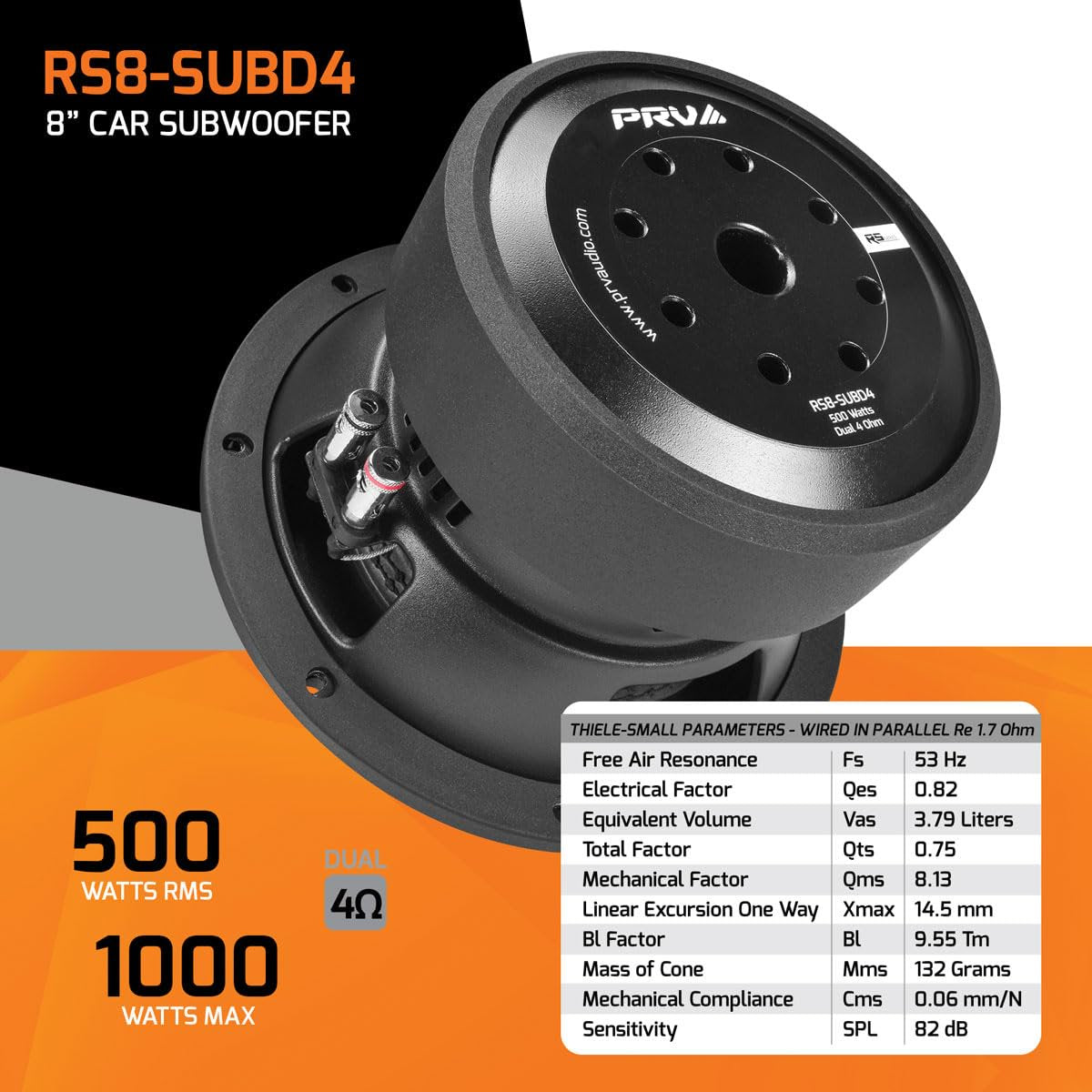 PRV AUDIO 8" Sub D4 1000 Watts Max Power Dual 4 Ohm, 14.5 mm Xmax, RS8-SUBD4, 2.4 in Voice Coil, 8 Inch Car Subwoofer Deep Low Tones for Car, Pickup Trucks Audio Systems (Single)