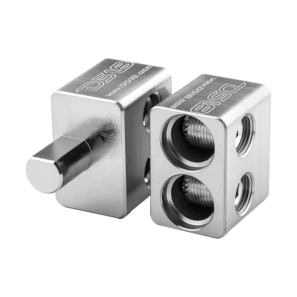 DS18 DPIV1/0 Input Reducer with Offset Stub - Dual 1/0 GA to 1/0 GA Reducer, Nickel Plated Ultra Conductive Copper Alloy, 1 x 1/0GA Output, 2 x 2/0GA Input (Sold in Pairs)