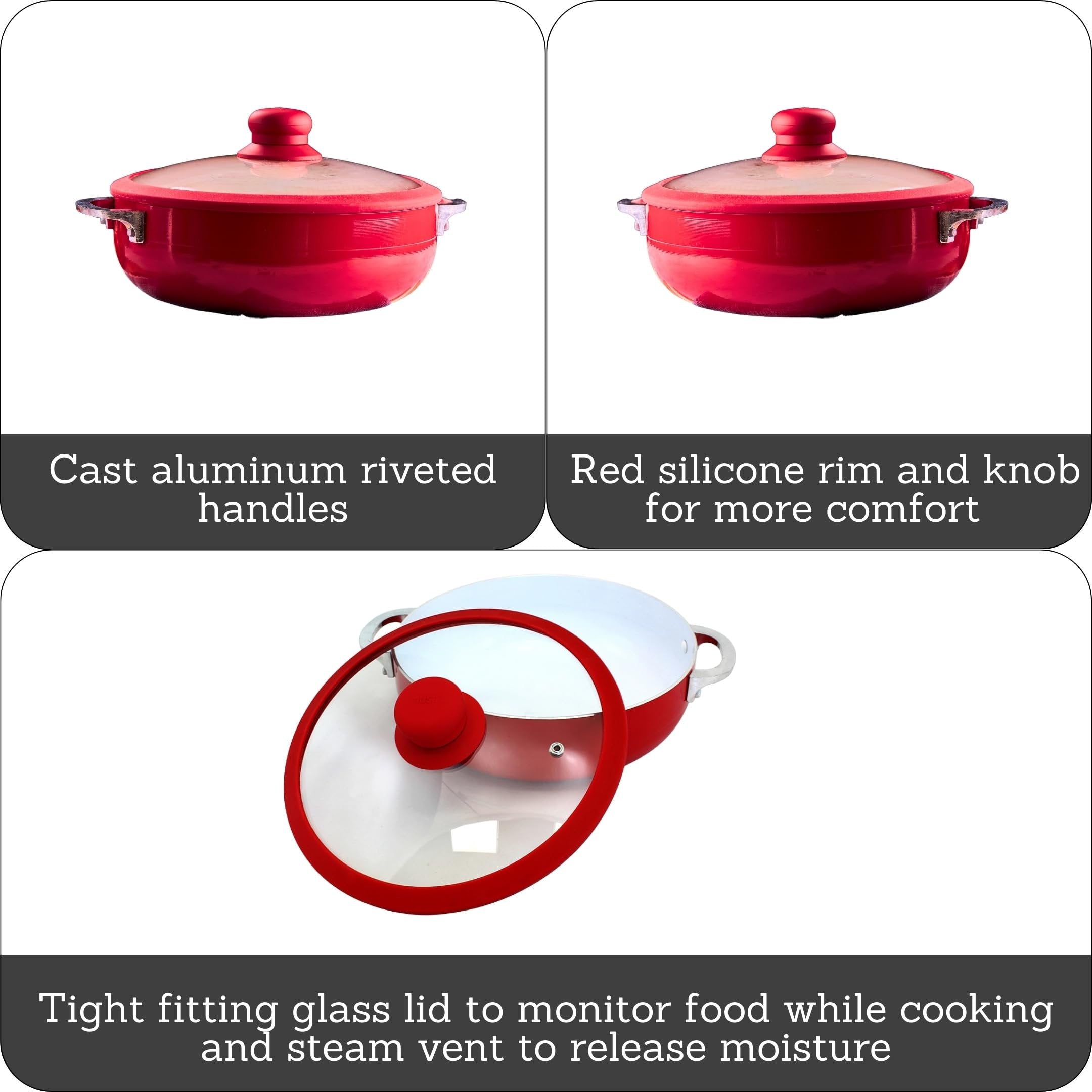 IMUSA USA 3.2Qt Red Ceramic Nonstick Caldero (Dutch Oven) with Silicone Rim & Glass Lid