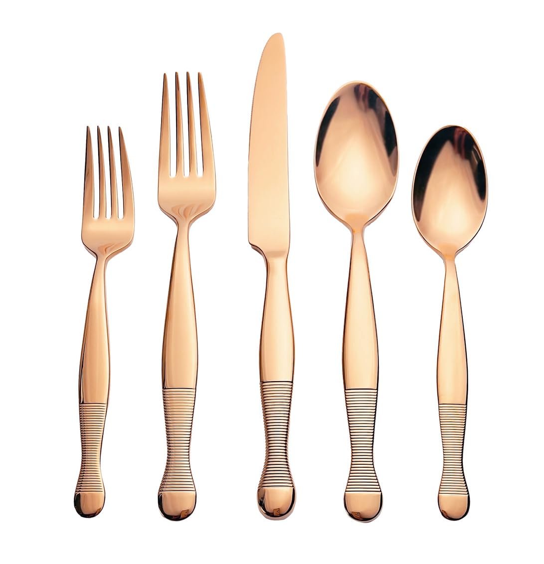 Godinger Copper Flatware Set with 4 Forks, Knifes, Salad Forks, Spoons and Teaspoons, 20 Piece Set, Stainless Steel