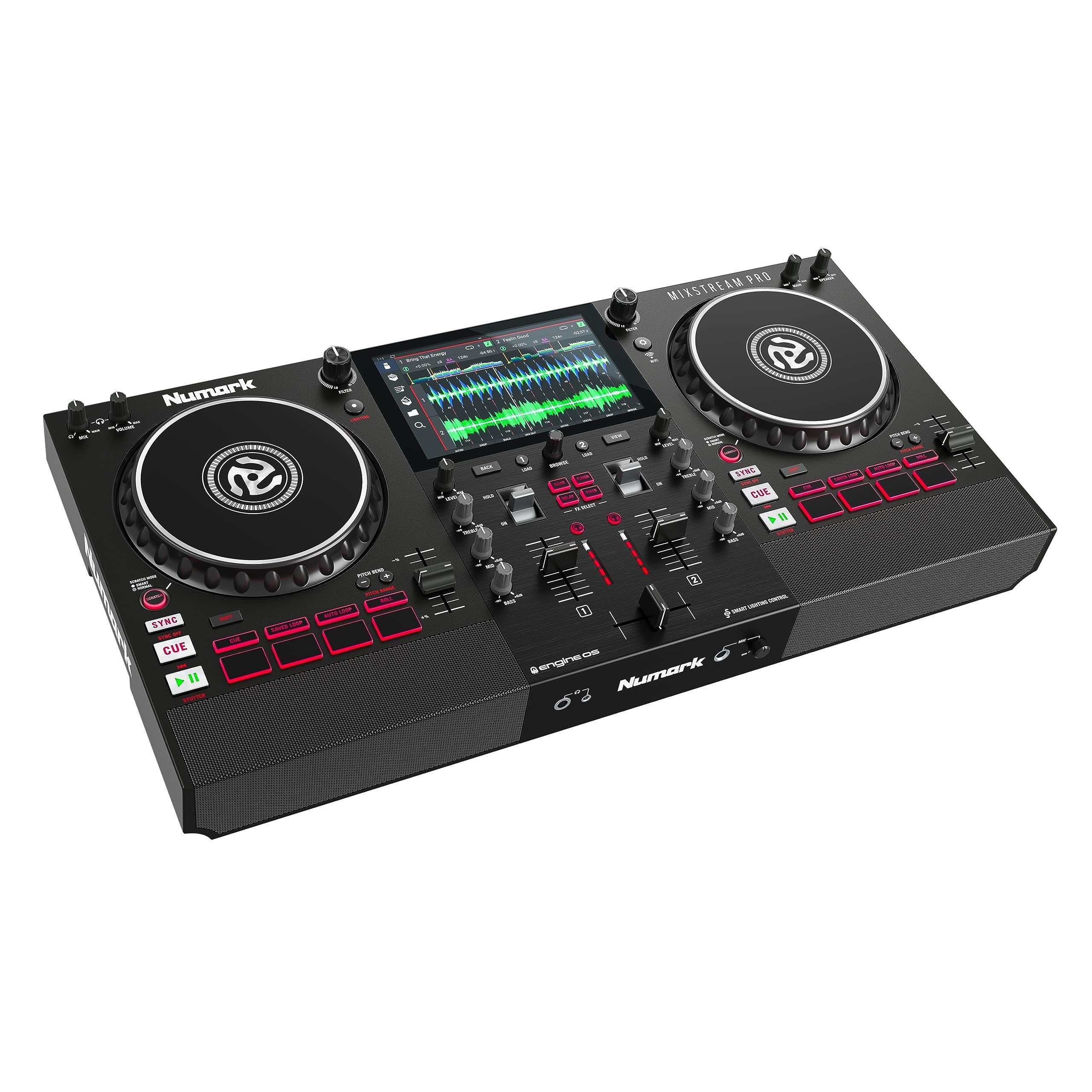 Numark Mixstream Pro Standalone System with Speakers, 7” Touch Screen, WiFi Streaming, 2 Channels & FX