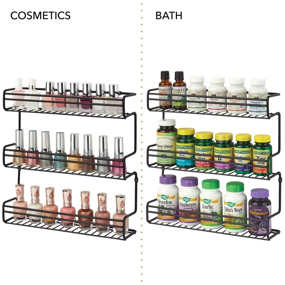 mDesign Metal Wall Mount Kitchen Spice Bottle Rack Holder, Food Storage Organizer for Cabinet, Cupboard, Pantry, Shelf - Holds Spices, Jars, Baking Supplies, Cans, 3 Tier - Black