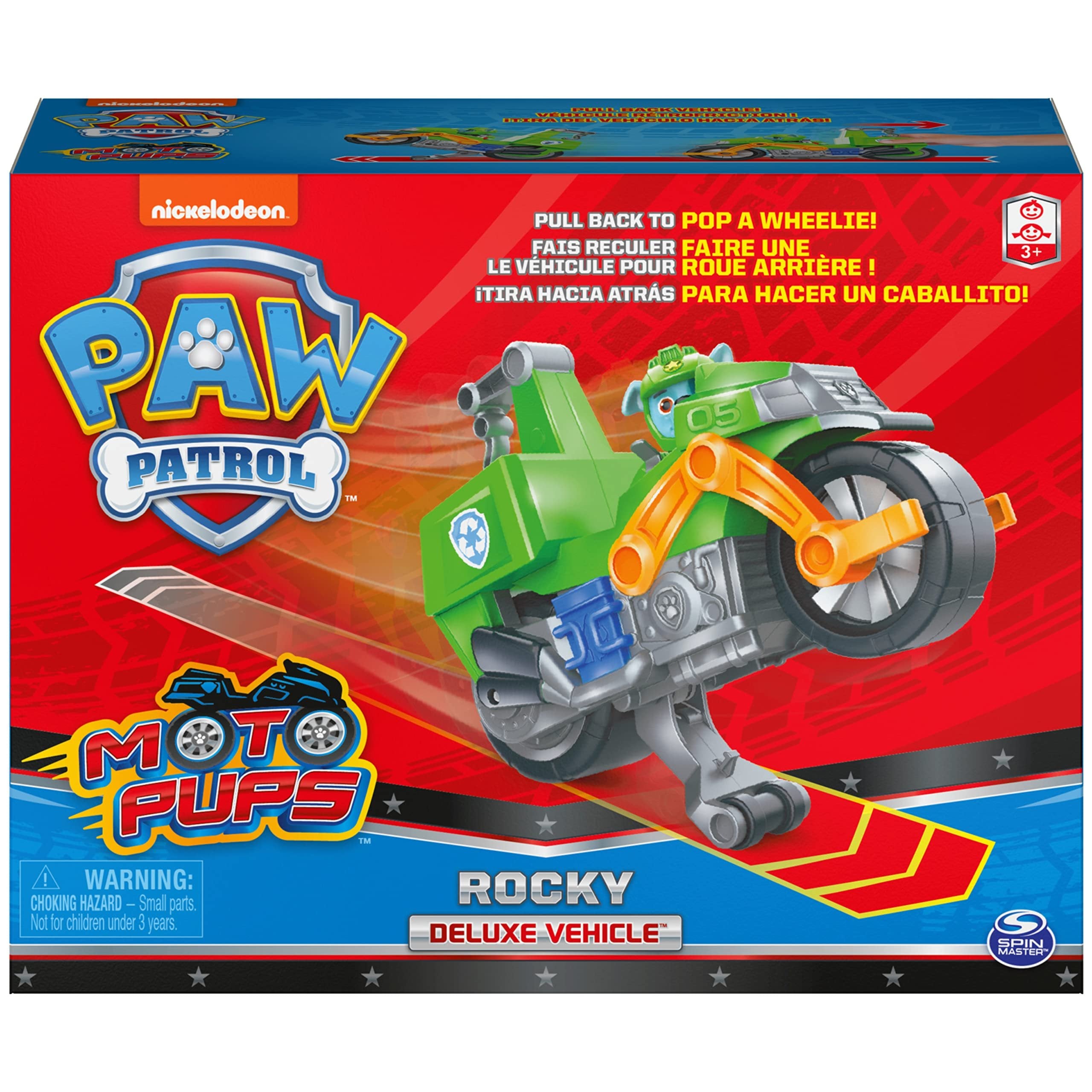 Paw Patrol, Moto Pups Rocky’s Deluxe Pull Back Motorcycle Vehicle with Wheelie Feature and Toy Figure