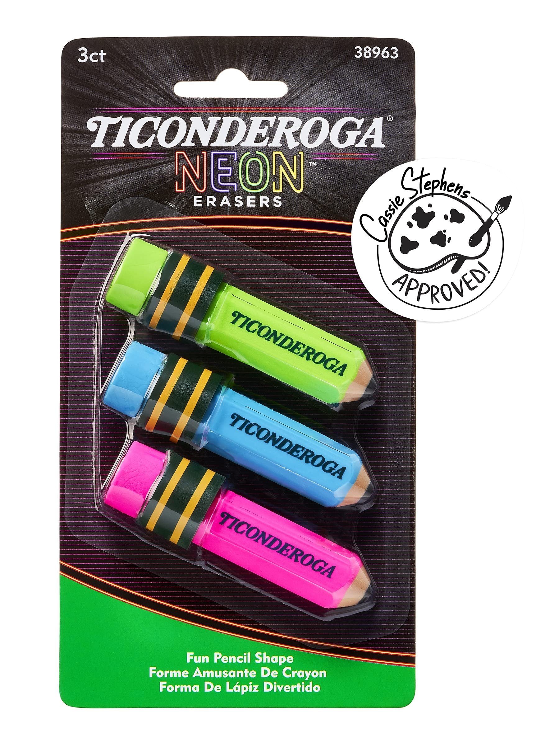 Ticonderoga Pencil Shaped Erasers, Neon Colors, 3 Count