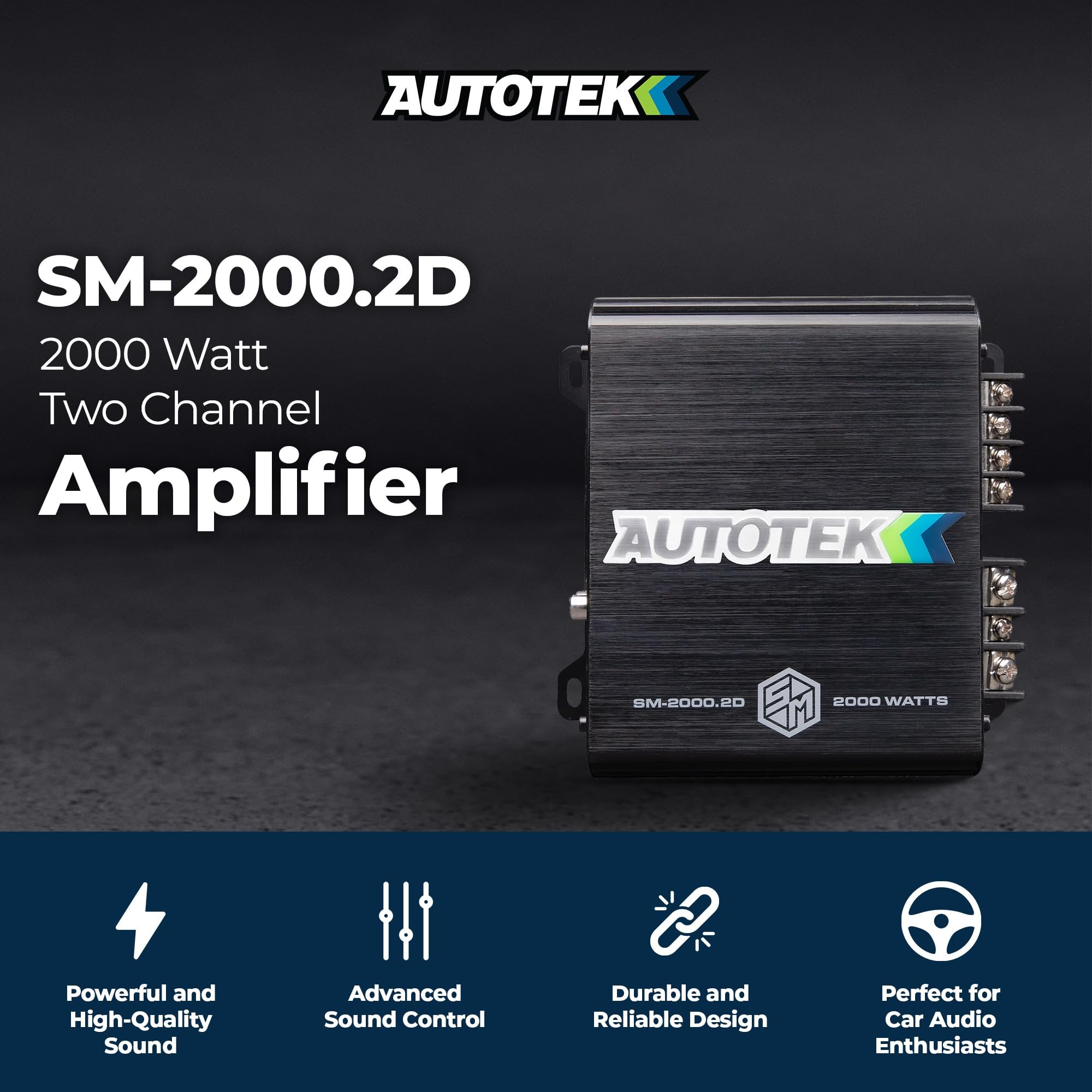 Autotek 2000 Watt 2 Channel Car Audio Amplifier with Bass Knob, High Output Class D Mono Bridged 4 Ohm Stable Input, Street Machine, SM-2000.2D, Black