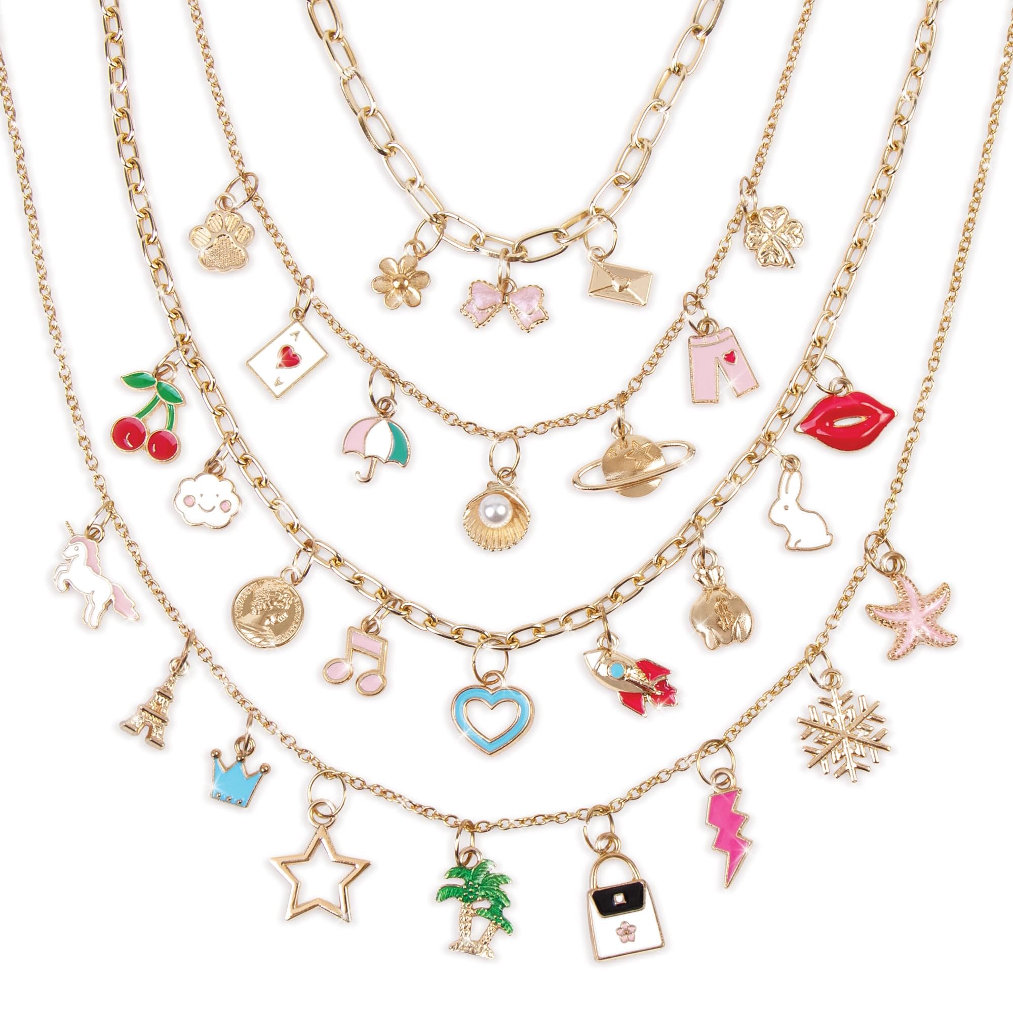 Make It Real: Handful of Charm - 70 pc DIY Jewelry Set, 4 Chain Lengths, Design & Create, Charm Necklace & Bracelet Craft Kit, Girls & Kids Age 8+