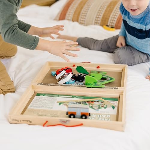 Melissa & Doug 17-Piece Wooden Take-Along Tabletop Railroad, 3 Trains, Truck, Play Pieces, Bridge - FSC Certified
