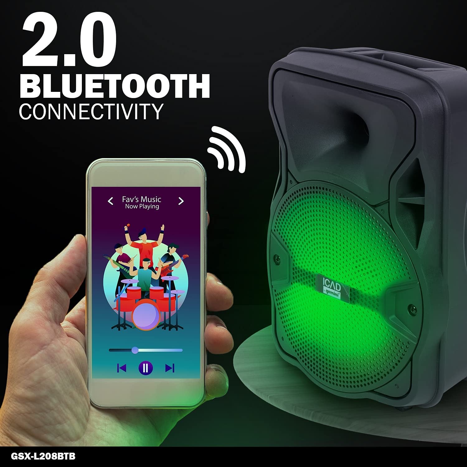 ICAD by Gemini GSX-L208BTB Wireless Rechargeable Portable Bluetooth LED Party Light Show 8" Inch Woofer Powered 500W Watts Peak PA System Karaoke Speaker w Micro SD USB and FM Radio Tuner, Microphone