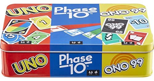 Mattel Games Set of 3 Card Games with UNO, Phase 10 & ONO 99, Travel Games for Kids & Family Night with Storage Tin Box (Amazon Exclusive)