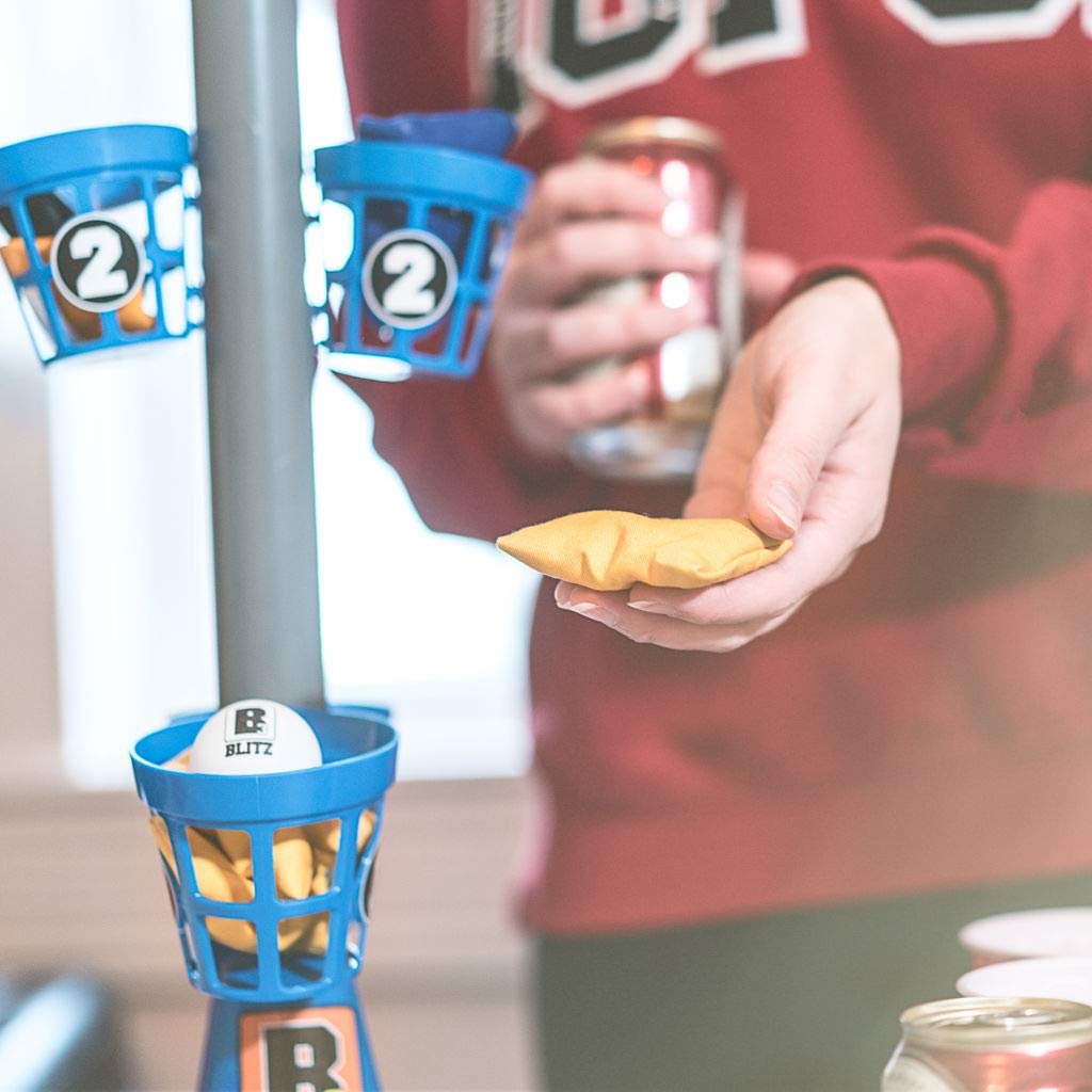B3 Blitz, Bean Bag and Pong Ball toss Game, Indoor Party Game for Adults and Family: College Bean Bag The Next Generation Pong Game;Game Stand, 5 Buckets 8 Bean Bags 4 Pong Balls, Blue