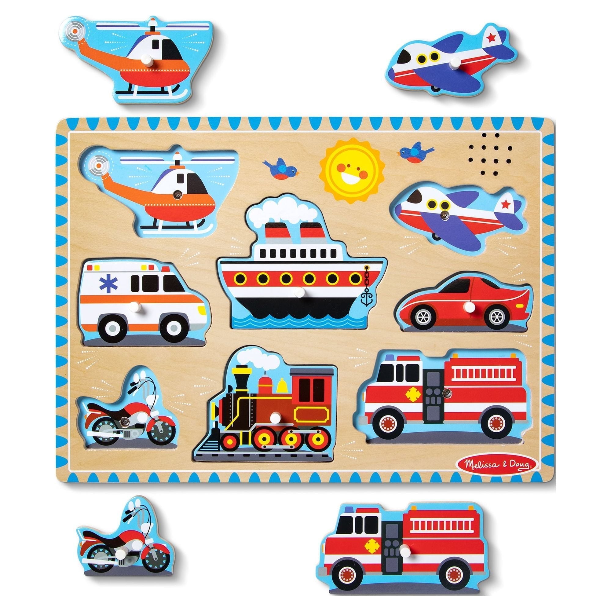 Melissa & Doug Vehicles Sound Puzzle - Wooden Peg Puzzle With Sound Effects (8 Pcs)
