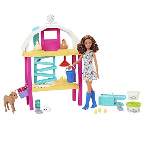 Barbie Careers Playset, Hatch & Gather Egg Farm with Brunette Farmer Fashion Doll, Hatching Molds & Dough, Chicken Coop, 10 Animals & Accessories