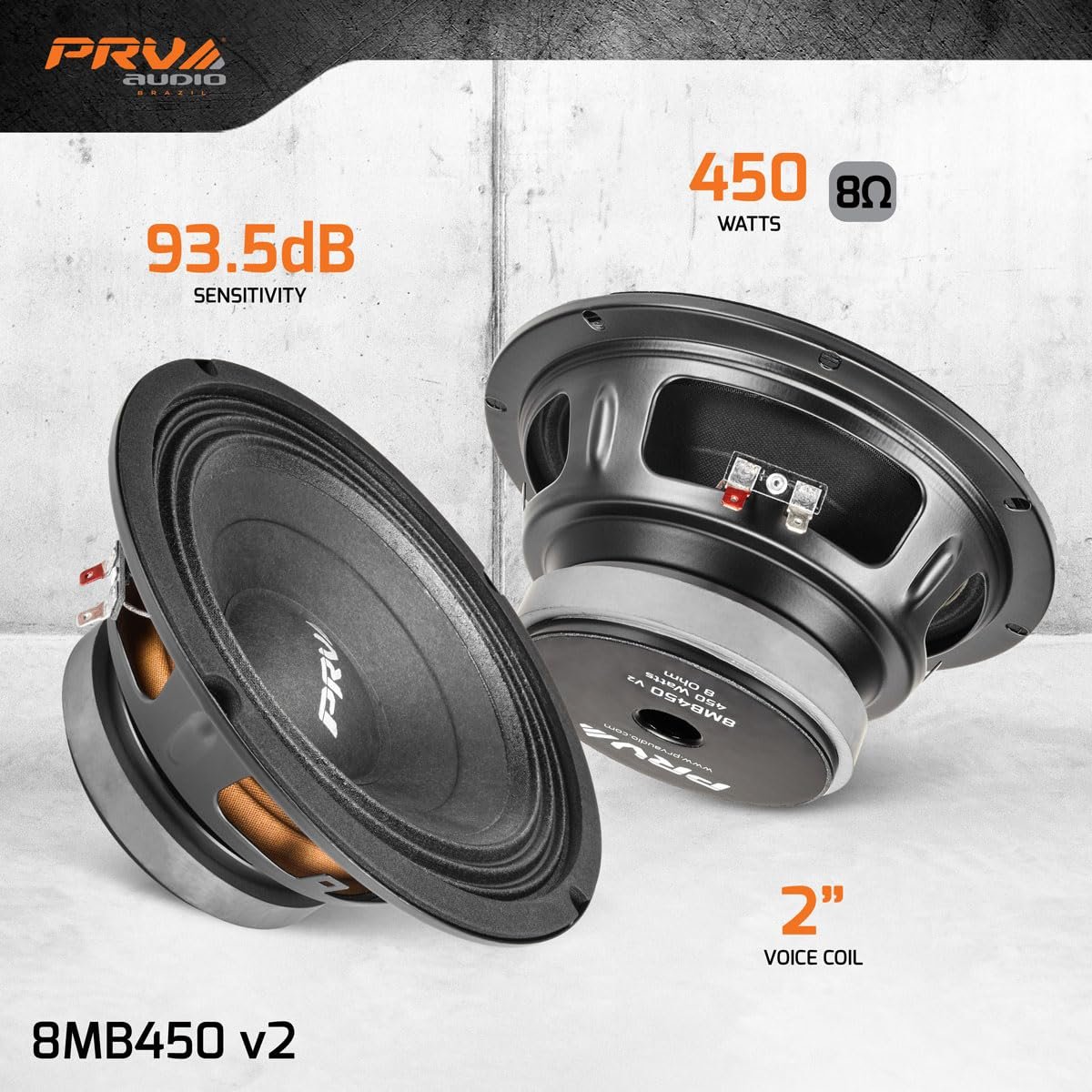 PRV AUDIO 8 Inch Midbass Speaker 8MB450 v2, 450 Watts, 8 Ohm, 2 Inch Voice Coil, Pro Audio Loudspeaker (Single)