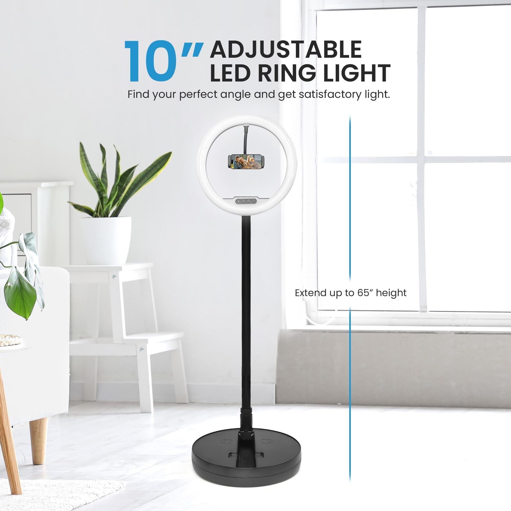 iDance LED Ring Light with Cell Phone Holder, 10", USB Powered with Bluetooth Remote Control and Foldable Adjustable Tripod Stand, Selfie, Makeup Ring Light