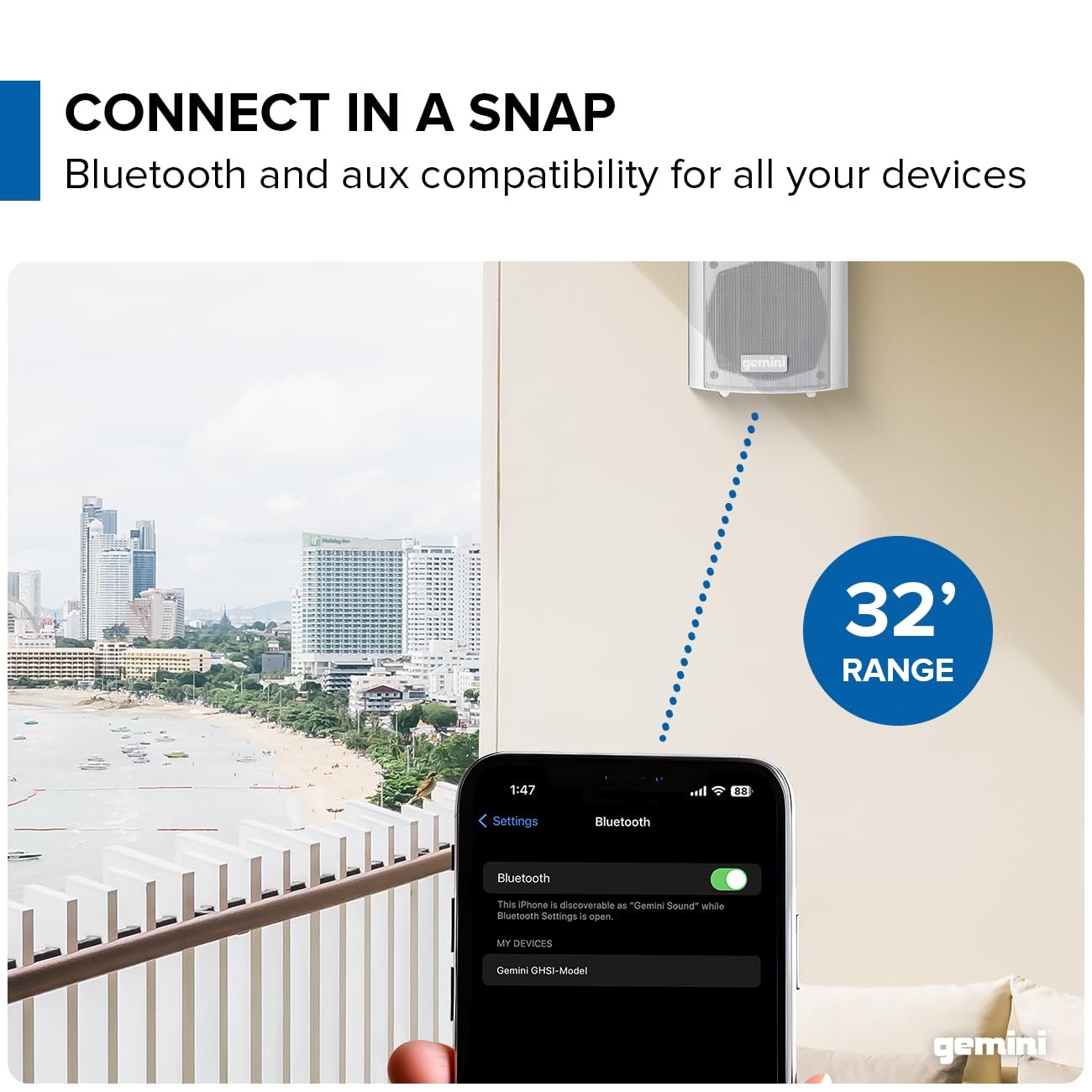 Gemini Sound GHSI-W400BT-PR-BLK 4" Inch Powerfull Bass Woofer 100 Watt Peak Power Waterproof Bluetooth Wall & Ceiling Mount Wired Speakers Pair - Easy Daisy Chain for Home Outdoor Pool & Patio, White
