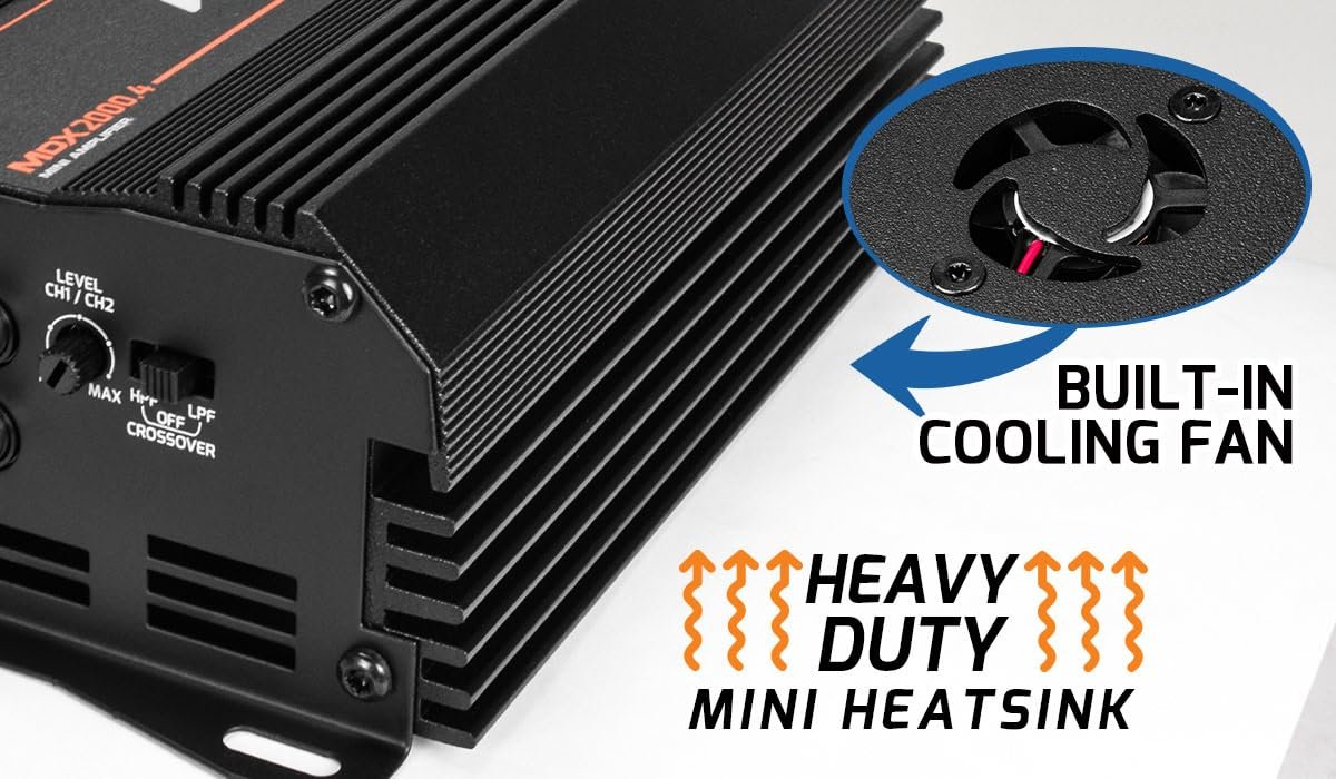 PRV Audio MDX2000.4 1 Ohm Mini 4 Channel Car Audio Amplifier 4 x 500 Watts RMS at 1 Ohm - 2000 Watt 12 Volts Bridgeable Amp for Powersports, Motorcycles, ATV, for High Power Stereo Speaker Systems