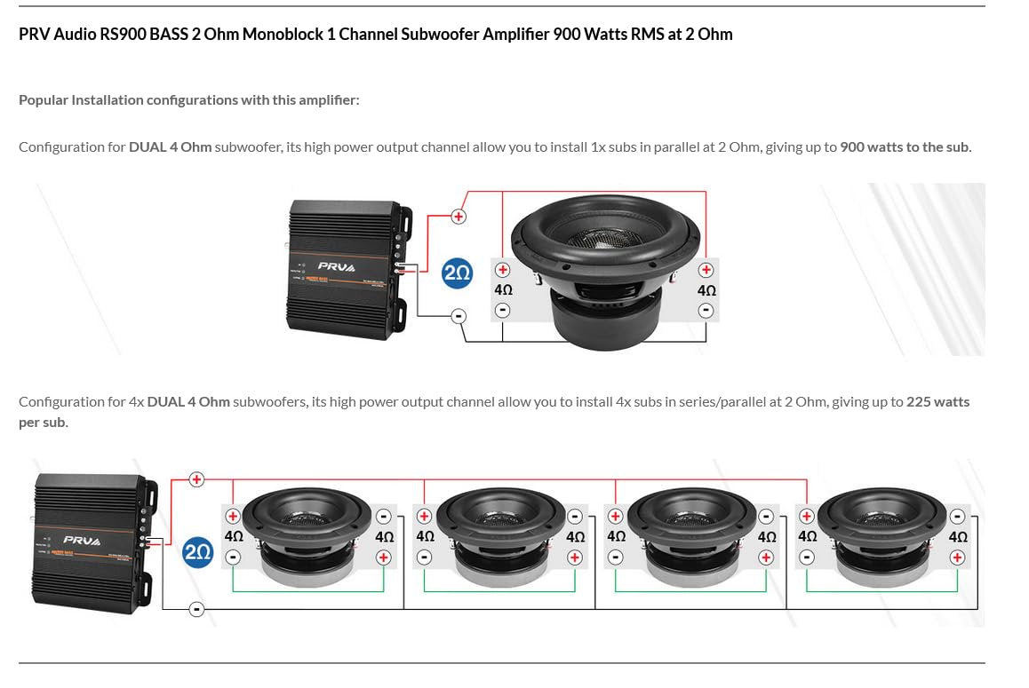 PRV AUDIO RS900 BASS 2 Ohm 900 Watts Mono Subwoofer Car Audio Amplifier – 12 Volts Monoblock Class D Amp, Built-in Crossover & Bass Boost with High Level Inputs