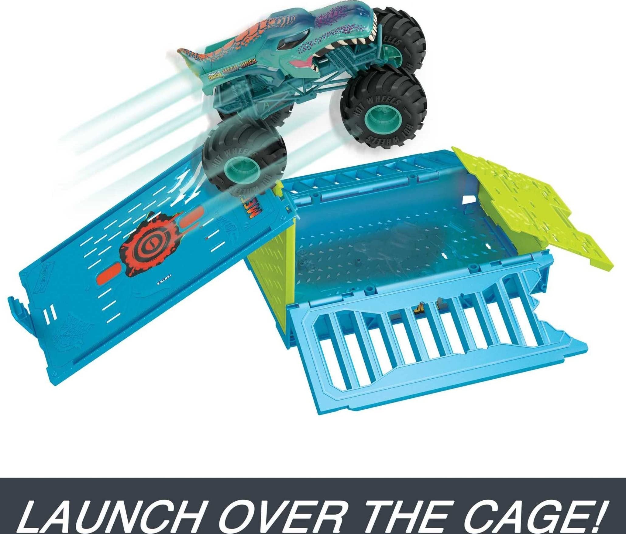 Hot Wheels Toy Monster Trucks 1:24 Scale Mega-Wrex in a Crash Cage, Oversized Storage Case Transforms into Stunting Area with 4 Crushable Accessories