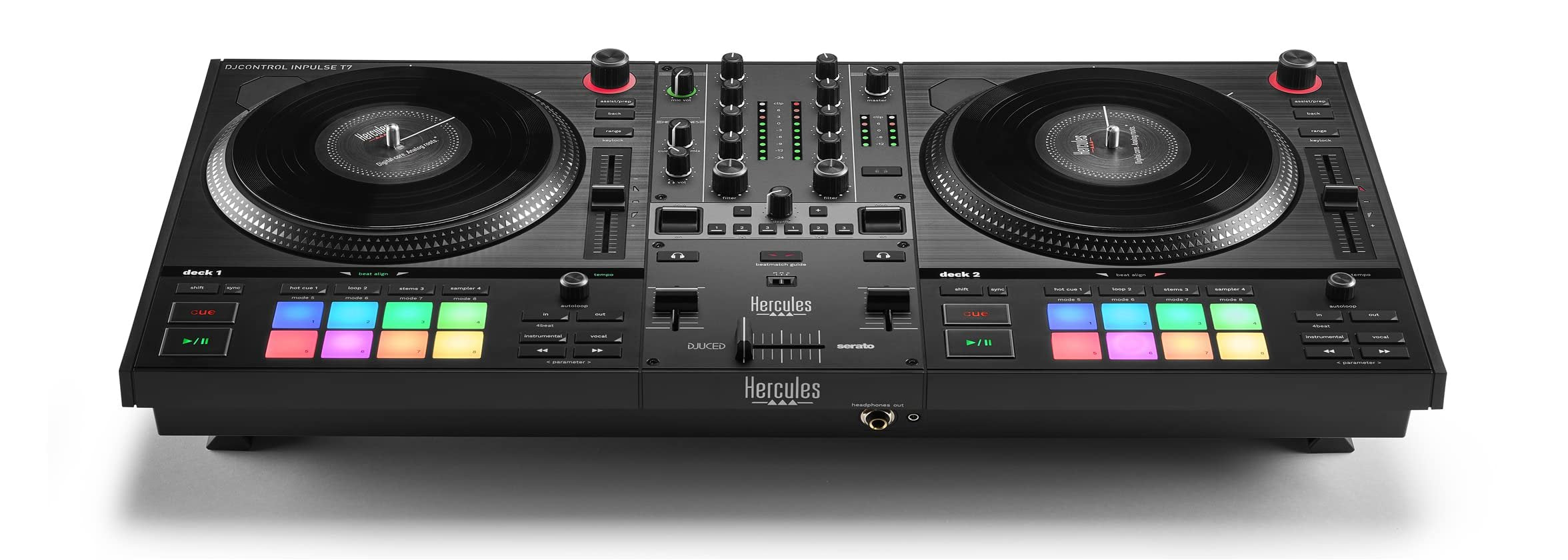 Hercules DJ Control Inpulse T7 2-Channel Beatmatch Guide Comfortable DJ Controller for Serato and Djuced with Braided USB Cable