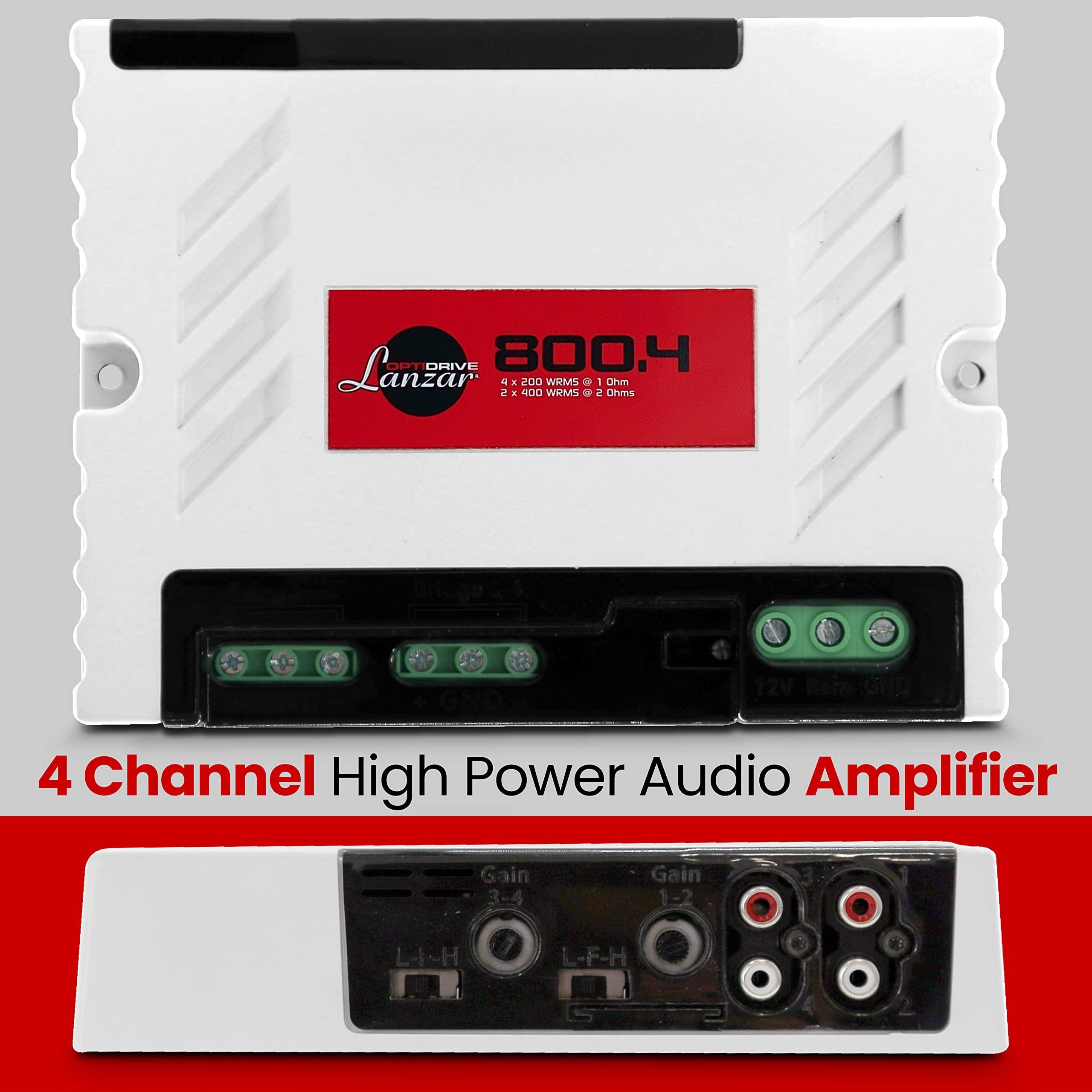 Jovial Four Channel Car Audio Mono Amplifier, 4x200 Watt Max @ 1 Ohm High-Powered Mono Car Amplifier with with Adjustable Bass Boost High Pass Filter and Low Pass Filter, Cooling Fans, White