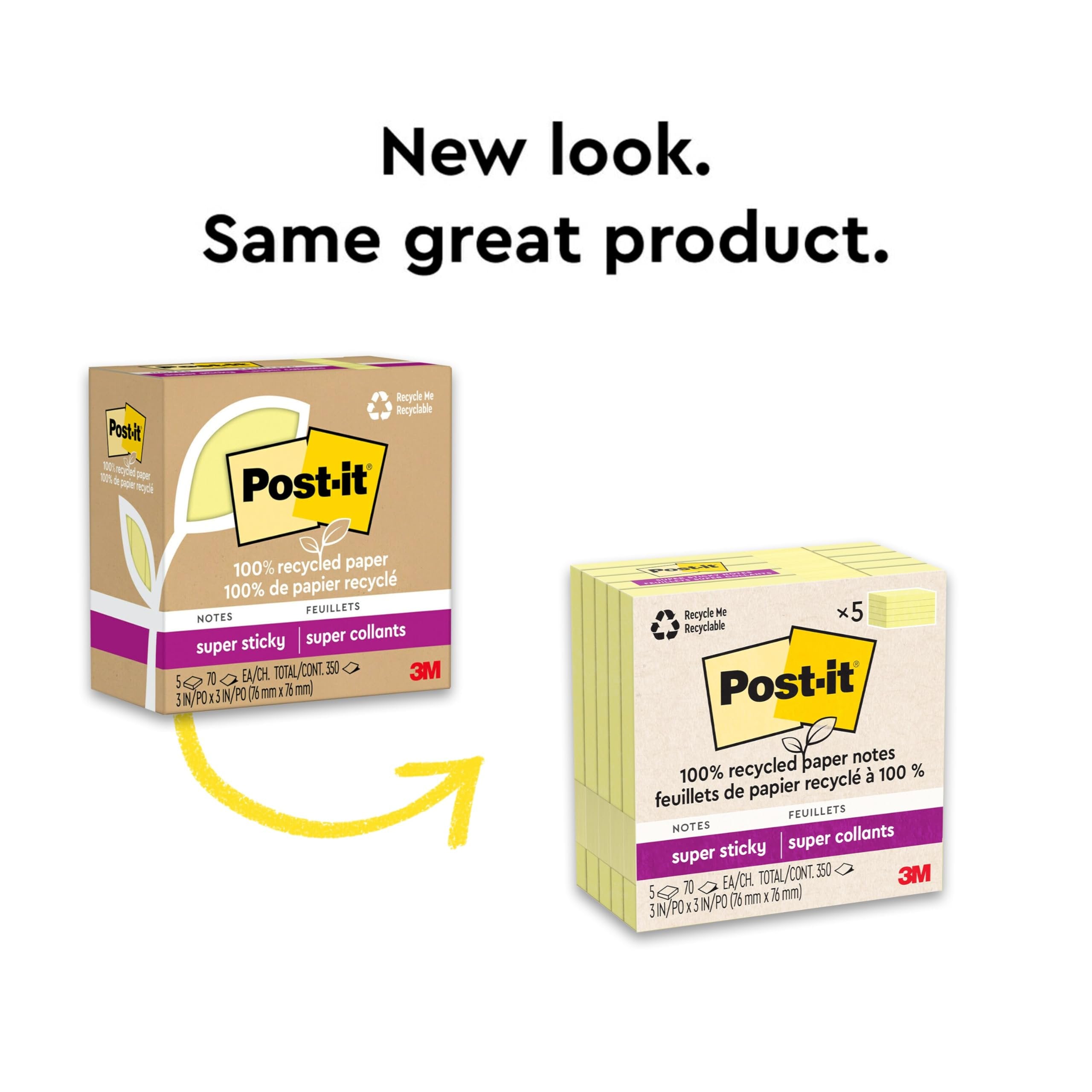 Post-it 100% Recycled Paper Super Sticky Notes, Canary Yellow, 3 in. x 3 in., 5 Sticky Note Pads, 70 Sheets per Pad, School Supplies and Office Products