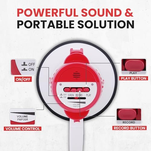 Pyle Megaphone Speaker PA Bullhorn - with Built-in Siren 30 Watt Voice Recorder & 800 Yard Range - Ideal for Football, Soccer, Baseball, Hockey, Basketball, Cheerleading Fans & Coaches - PMP35R
