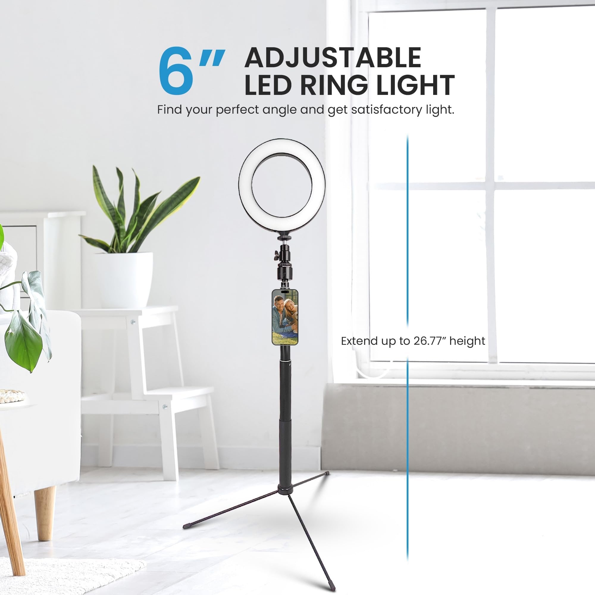 iDance LED Ring Light with Cell Phone Holder, 6", USB Powered with Bluetooth Remote Control and Foldable Adjustable Tripod Stand, Selfie, Makeup Ring Light