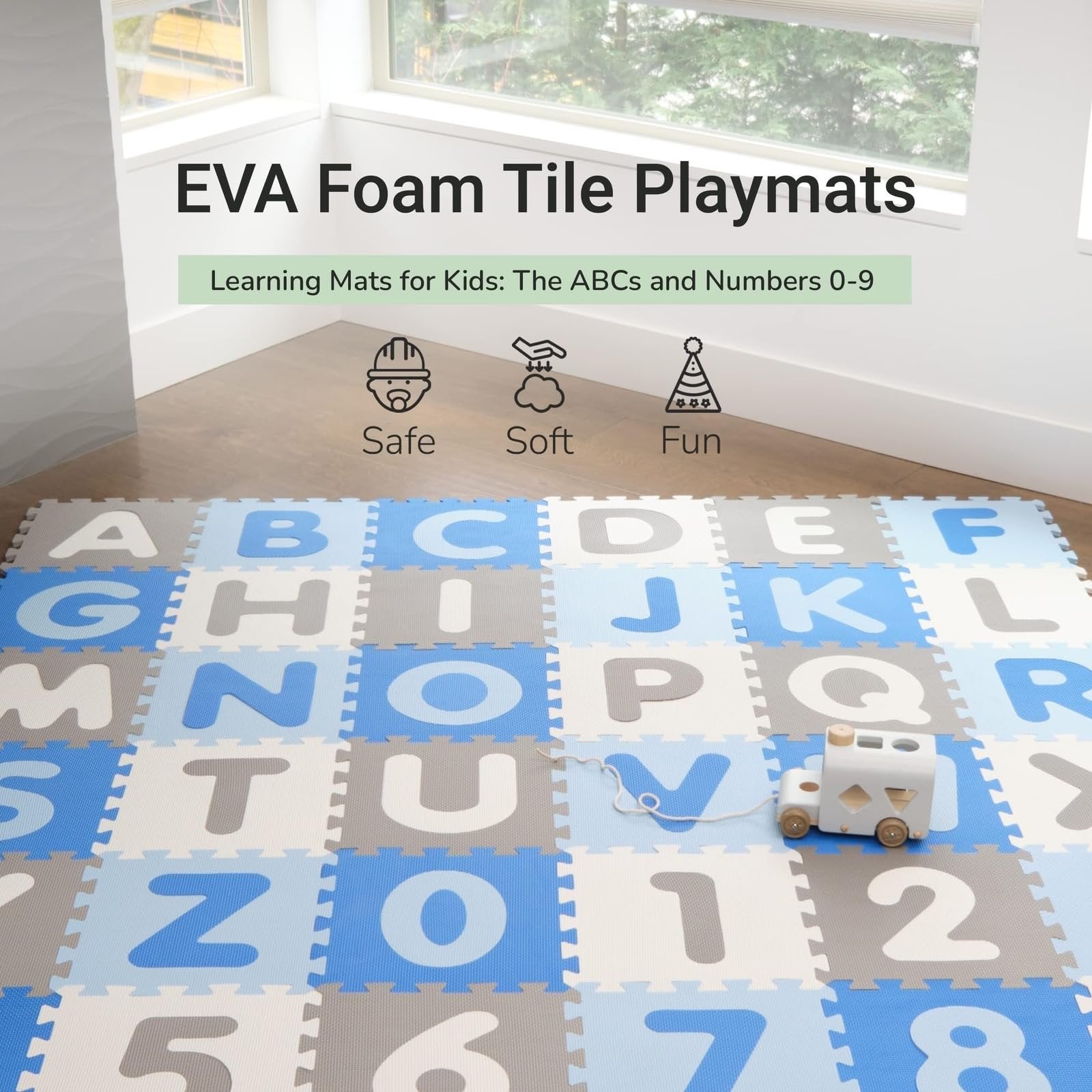 Tadpoles Foam Playmats for Kids, 36 Interlocking Tiles Teach the ABCs and Numbers 0-9, Total Floor Coverage 74” x 74” (36 Sq Ft), For Ages 3 and Up, Colors: Blue/Grey