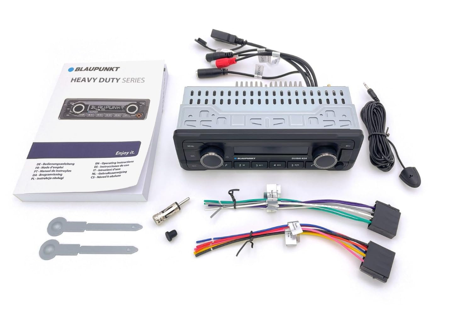 Blaupunkt DUBAI424 Single DIN Car Stereo, AM FM Radio, BT Dual USB Digital Media Receiver, FLAC MP3 Player, Hands Free Calling, 50W x4 Power, Dual Subwoofer RCA Output, Voice Assistant, 24V