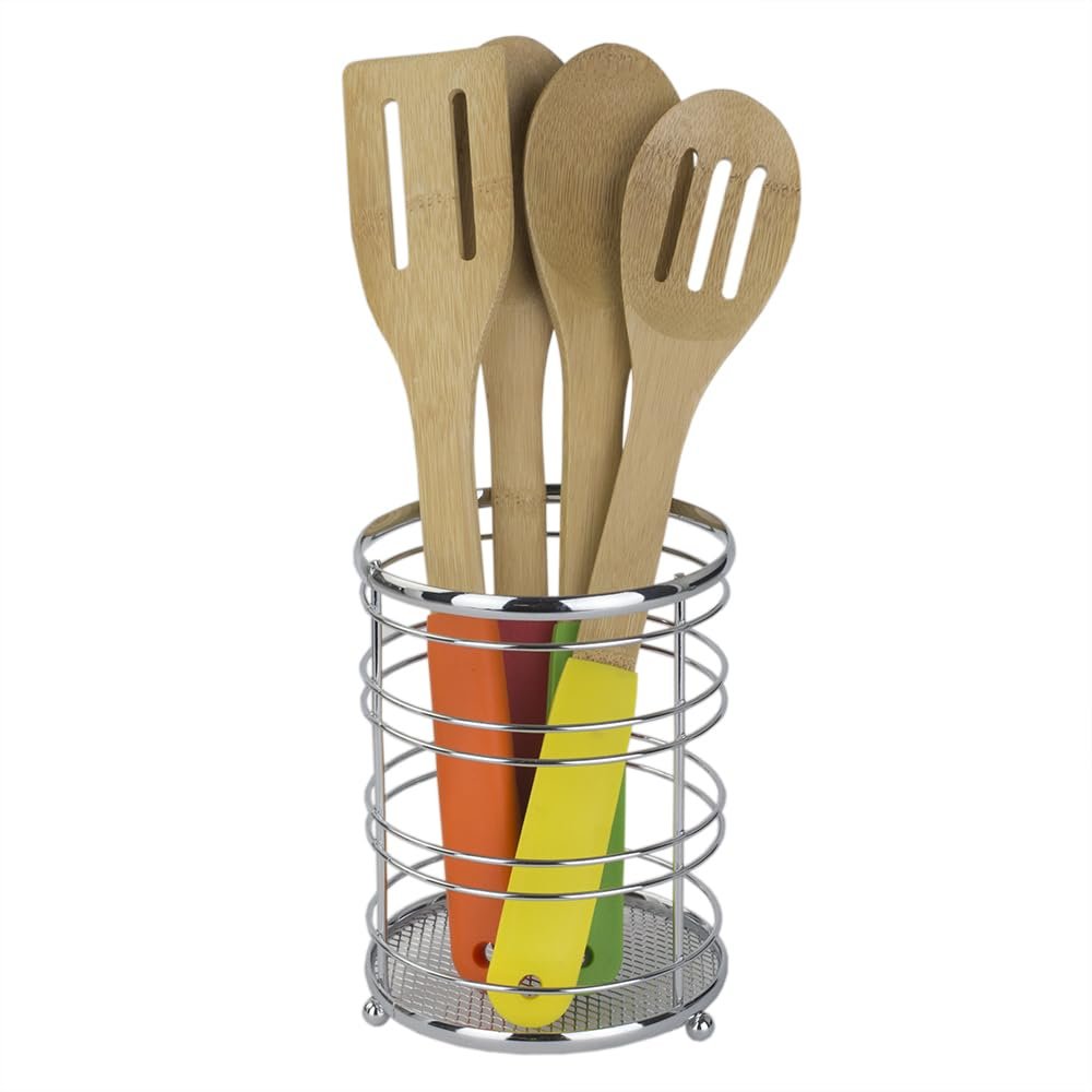 Home Basics Kitchen Utensil Holder for Kitchen Counter Chrome Plated Steel Utensil Crock | Utensil Storage Caddy Organizer for Cooking Spoons, Spatulas, Forks, Whisks, and More
