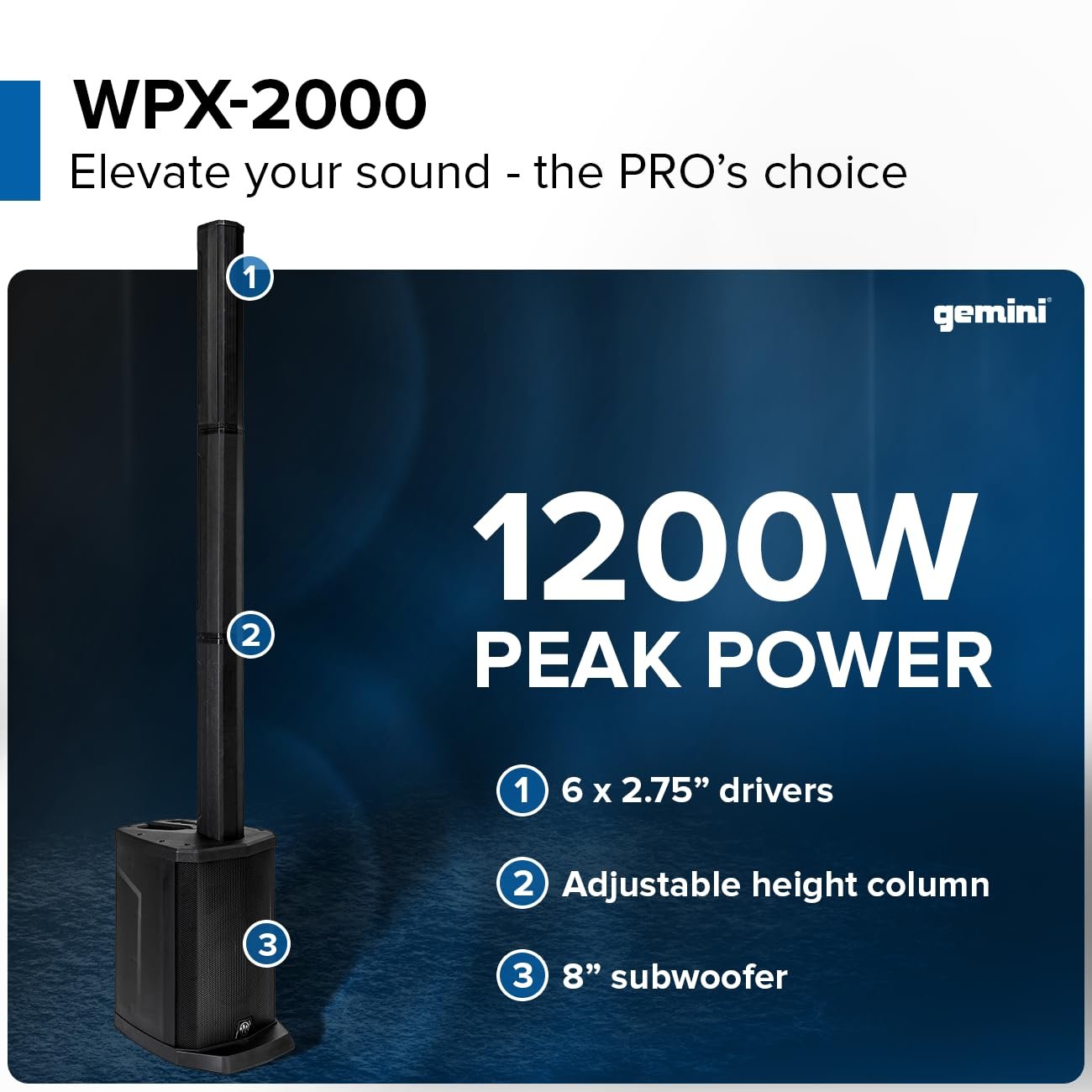 Gemini Sound WPX-2000 Active Column Line Array Speaker 1200W Peak Power Portable PA, Bluetooth, TWS Link, Adjustable Reverb, High-Fidelity Neodymium Drivers for DJs, Parties, Live Performances