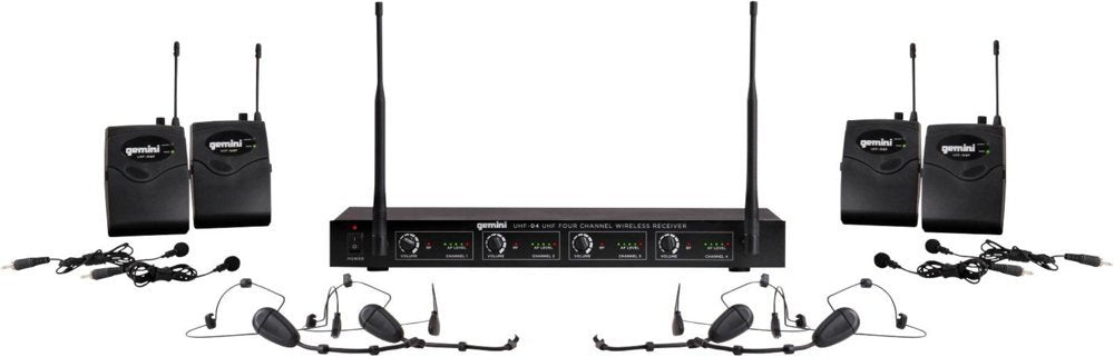 Gemini Sound UHF-04HL Professional Audio DJ Equipment Superior Single Channel Quad 4 Wireless UHF Headset Lavalier Microphones Receiver System with 150ft Operating Range