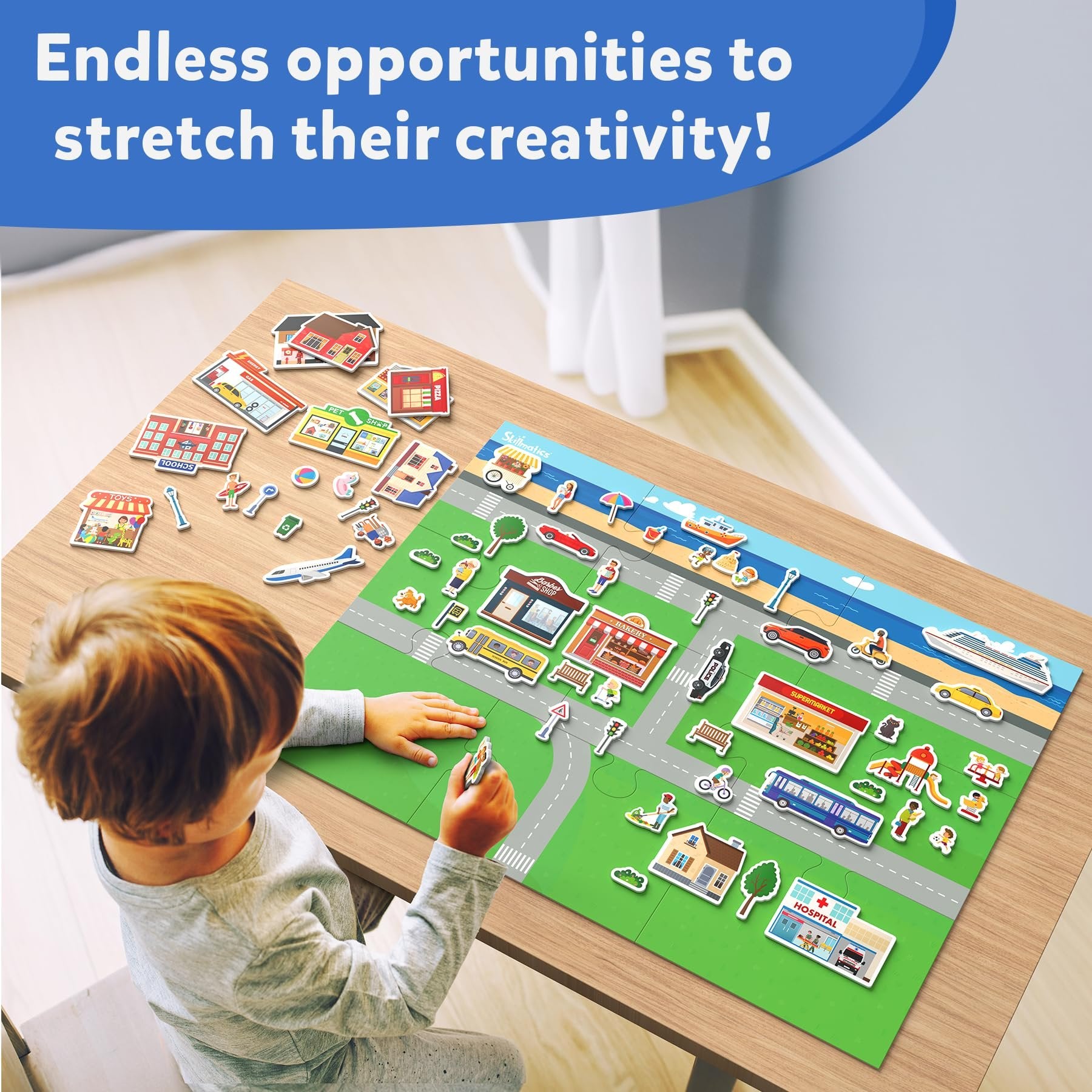 Skillmatics Creative Toy Magnetopia - Design Your City, Interactive Pretend Play Set for Kids, Toddlers, 60+ Magnetic Pieces, Preschool Learning Game, Gifts for Boys & Girls Ages 3, 4, 5, 6, 7