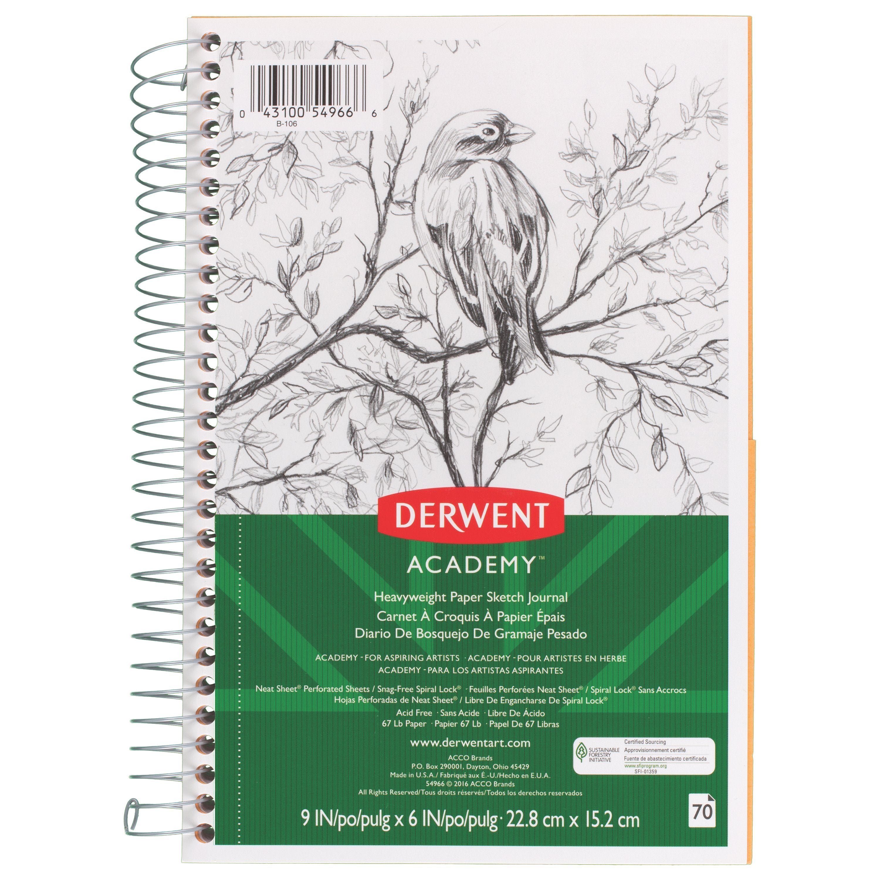 Derwent Academy Heavyweight Paper Sketch Journal, Wirebound, 70 Sheets, 9" x 6" (54966)