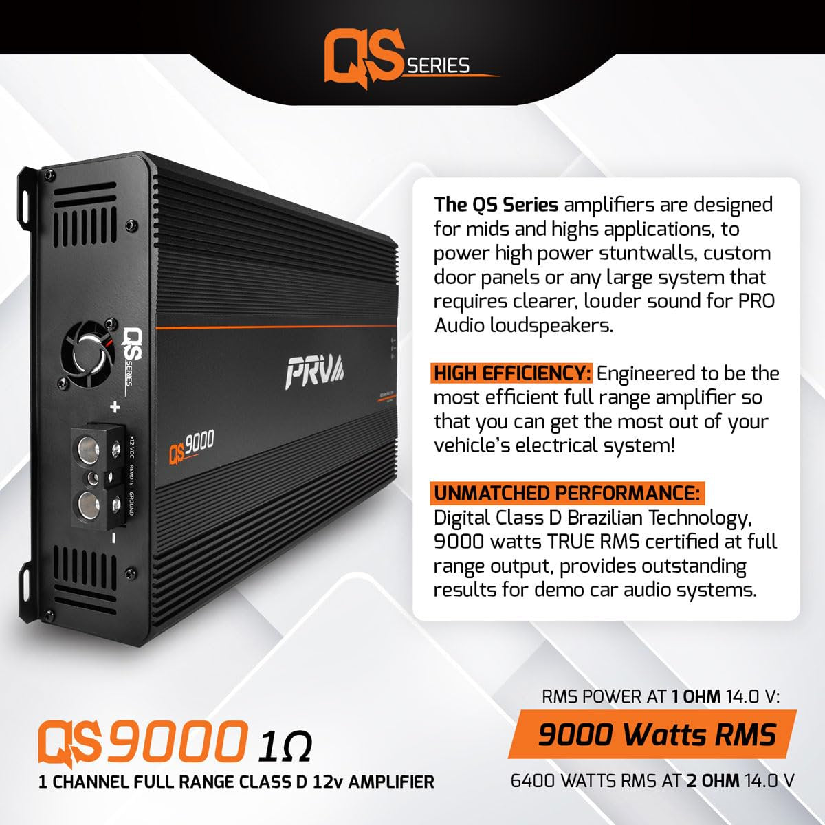 PRV Audio QS9000.1 QS Series Full Range Amplifier Compact 1 Channel Pro Loudspeakers Car Audio Amp 9000 Watts RMS at 1 Ohm